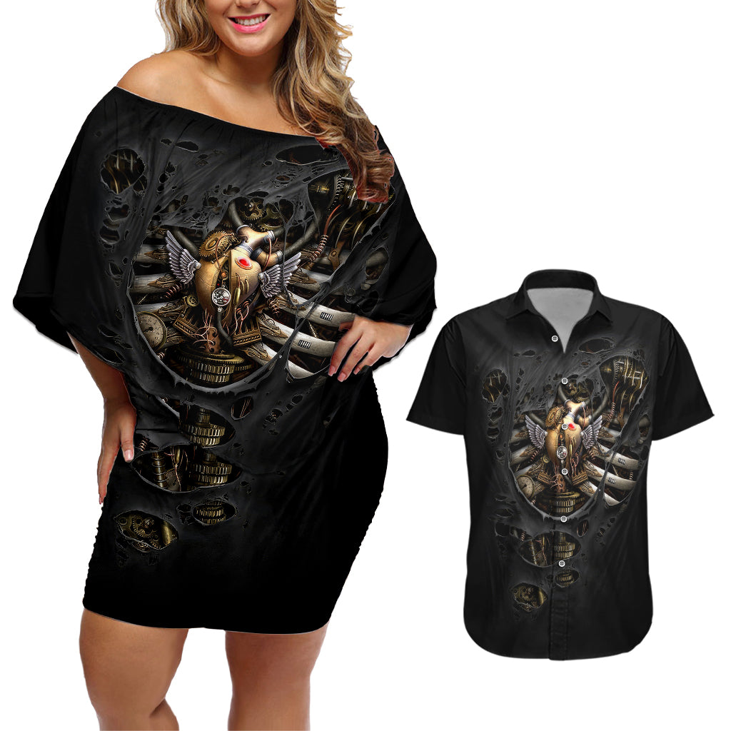 skull-couples-matching-off-shoulder-short-dress-and-hawaiian-shirt-skeleton-steampunk-heart-inside