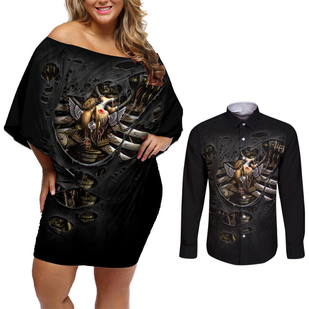 skull-couples-matching-off-shoulder-short-dress-and-long-sleeve-button-shirts-skeleton-steampunk-heart-inside