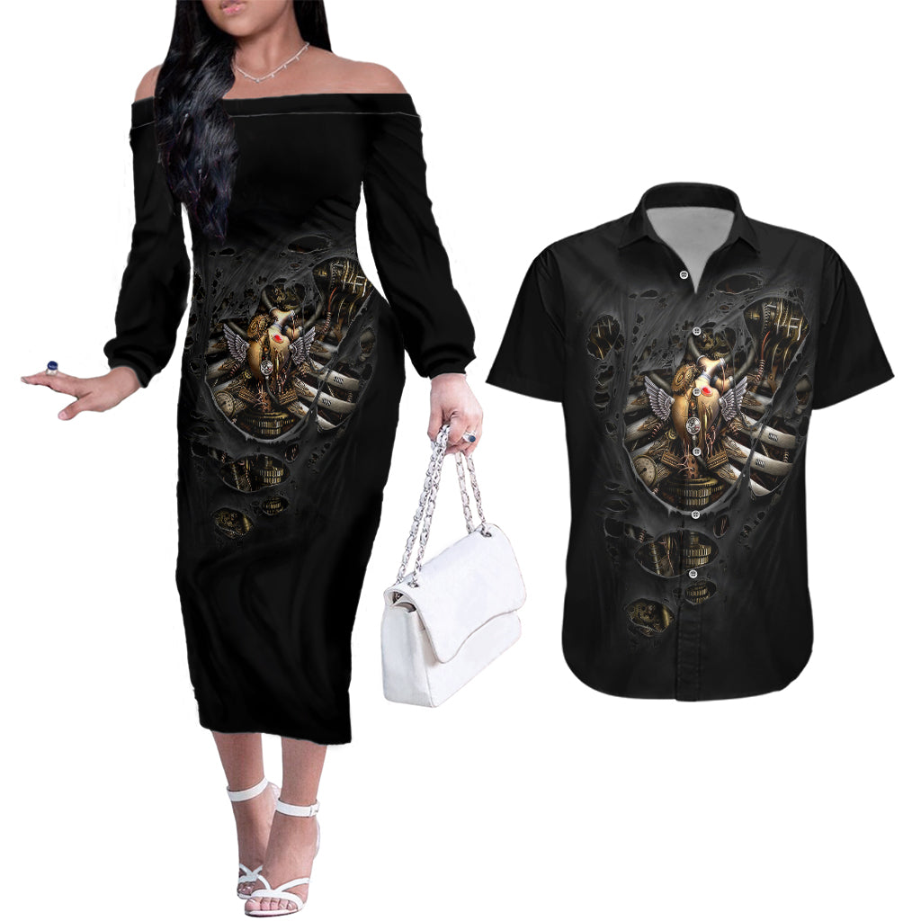 skull-couples-matching-off-the-shoulder-long-sleeve-dress-and-hawaiian-shirt-skeleton-steampunk-heart-inside