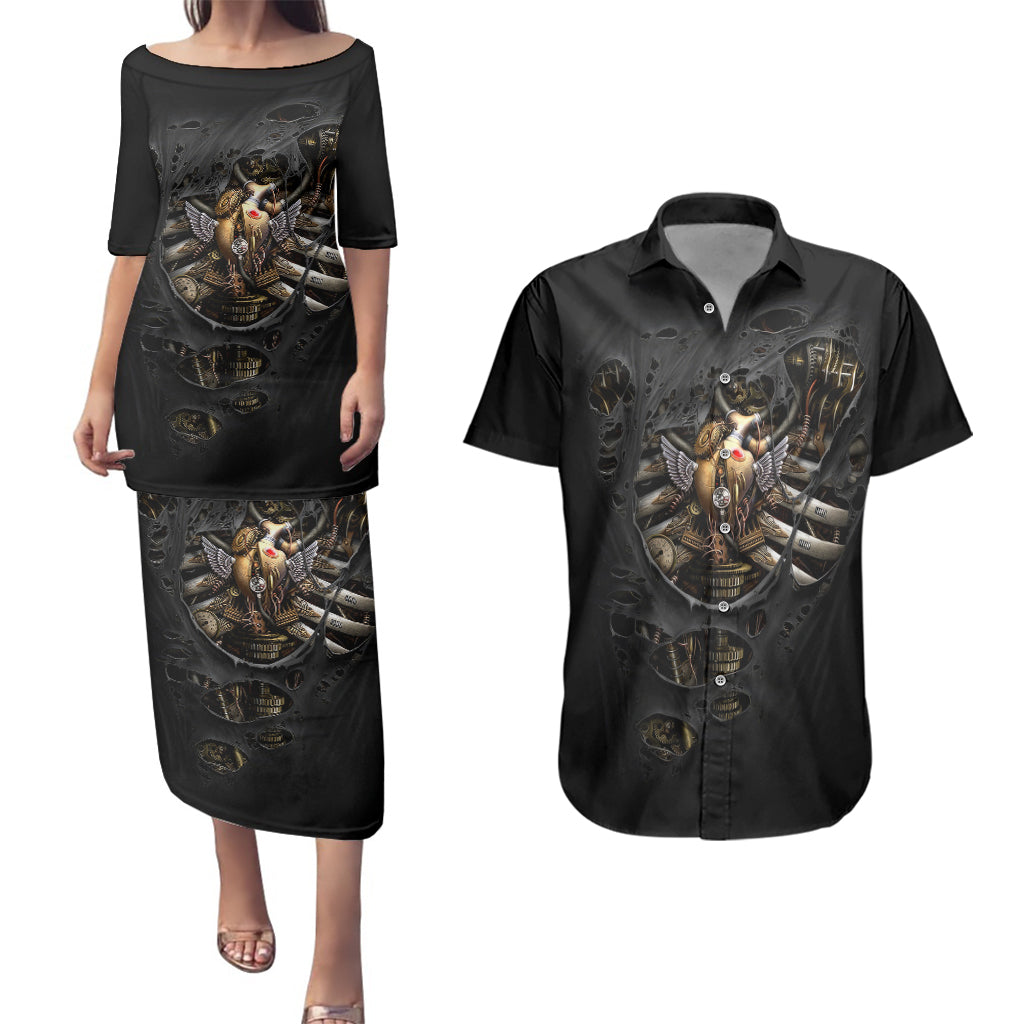 skull-couples-matching-puletasi-dress-and-hawaiian-shirt-skeleton-steampunk-heart-inside