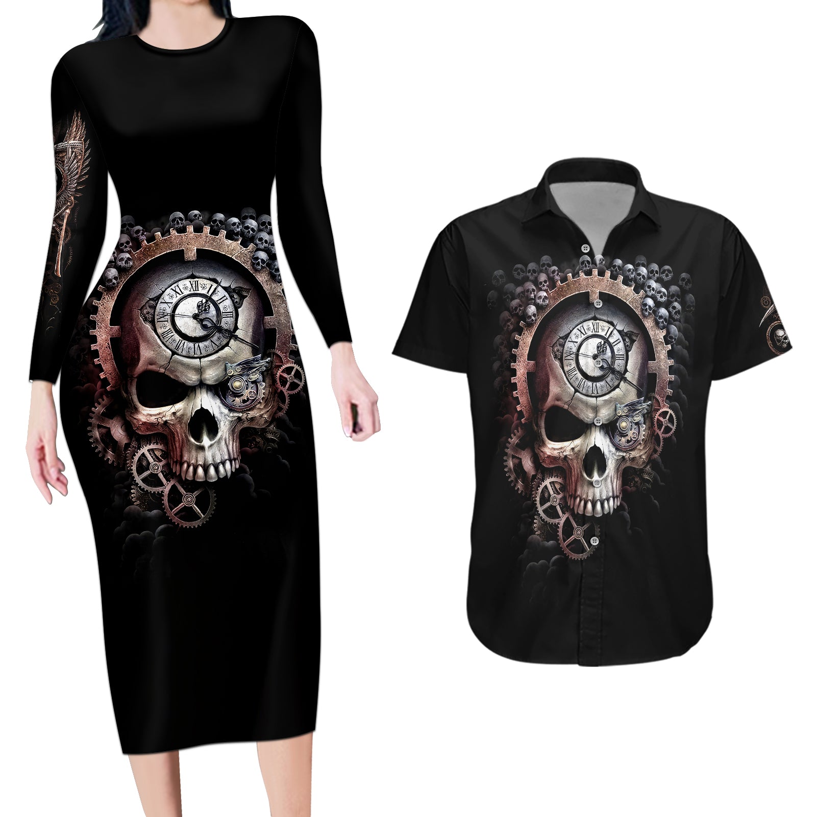 skull-couples-matching-long-sleeve-bodycon-dress-and-hawaiian-shirt-skull-grim-time-reaper