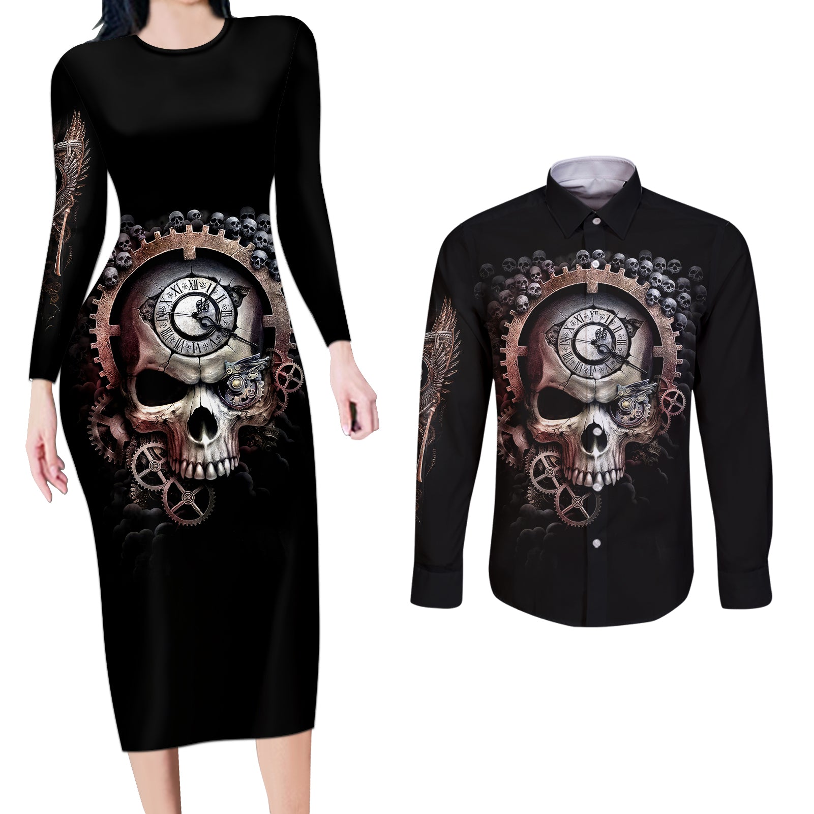 skull-couples-matching-long-sleeve-bodycon-dress-and-long-sleeve-button-shirts-skull-grim-time-reaper