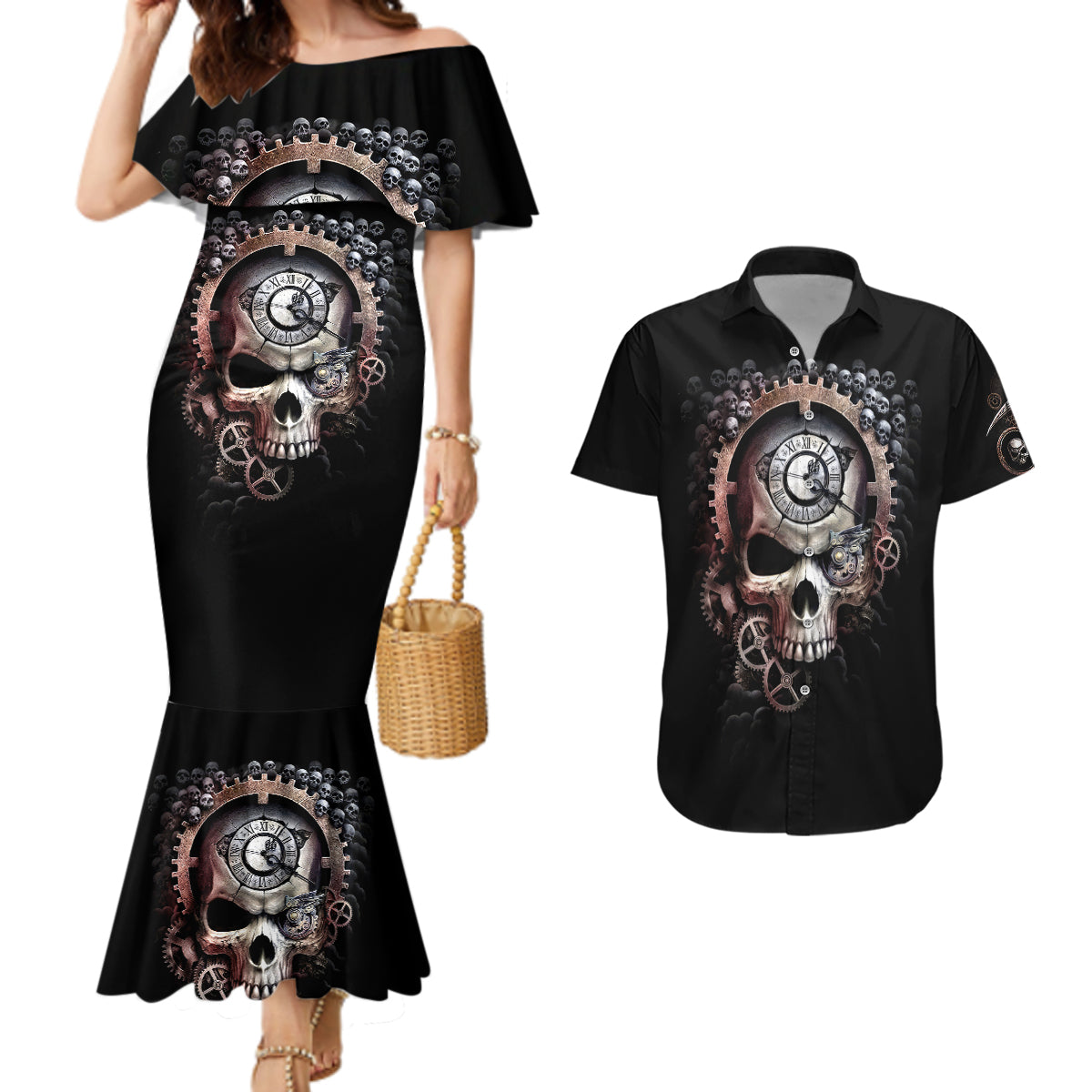 skull-couples-matching-mermaid-dress-and-hawaiian-shirt-skull-grim-time-reaper