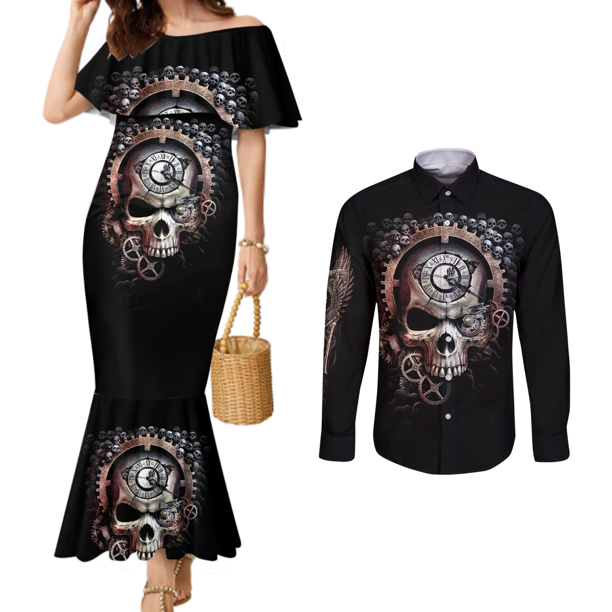 skull-couples-matching-mermaid-dress-and-long-sleeve-button-shirts-skull-grim-time-reaper