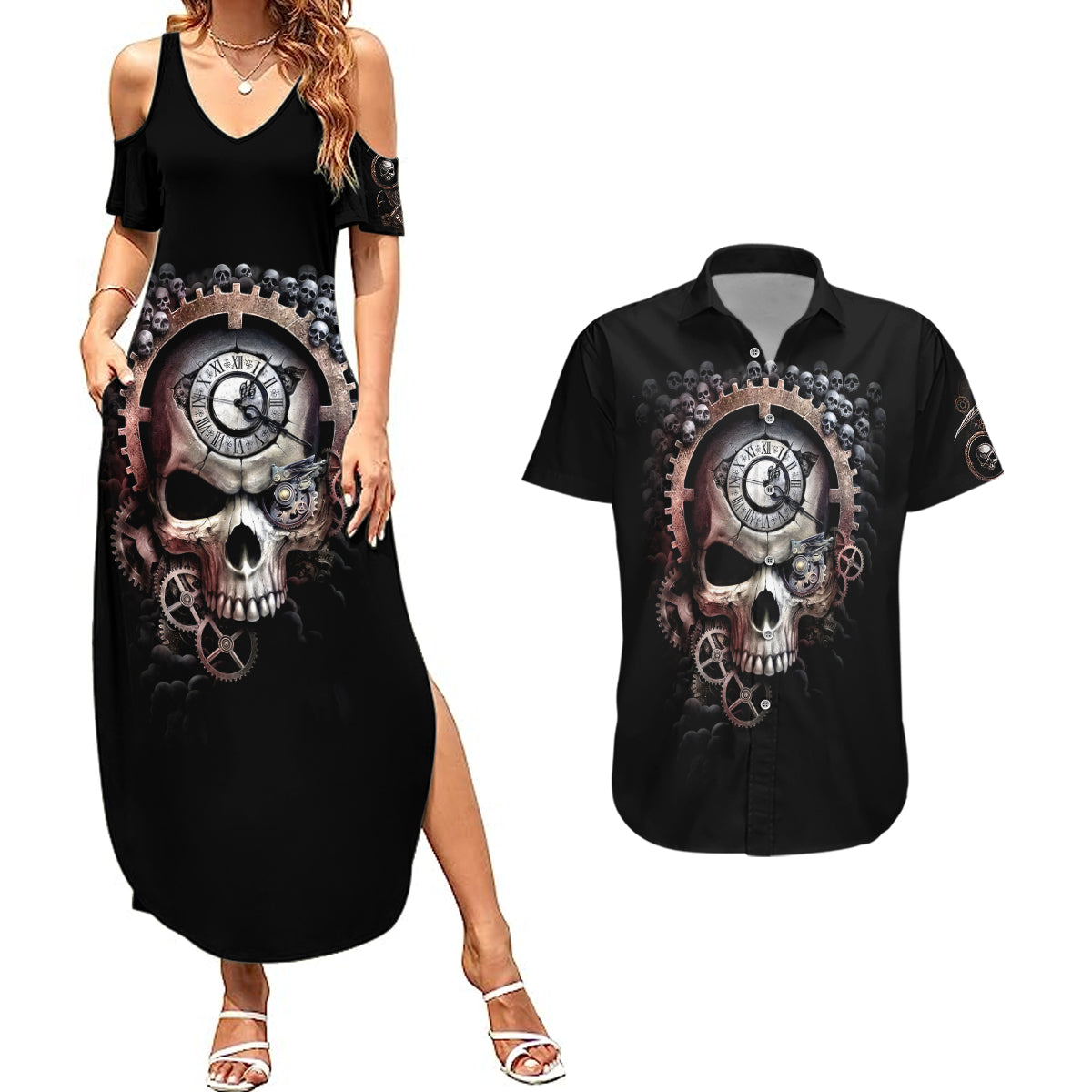 skull-couples-matching-summer-maxi-dress-and-hawaiian-shirt-skull-grim-time-reaper