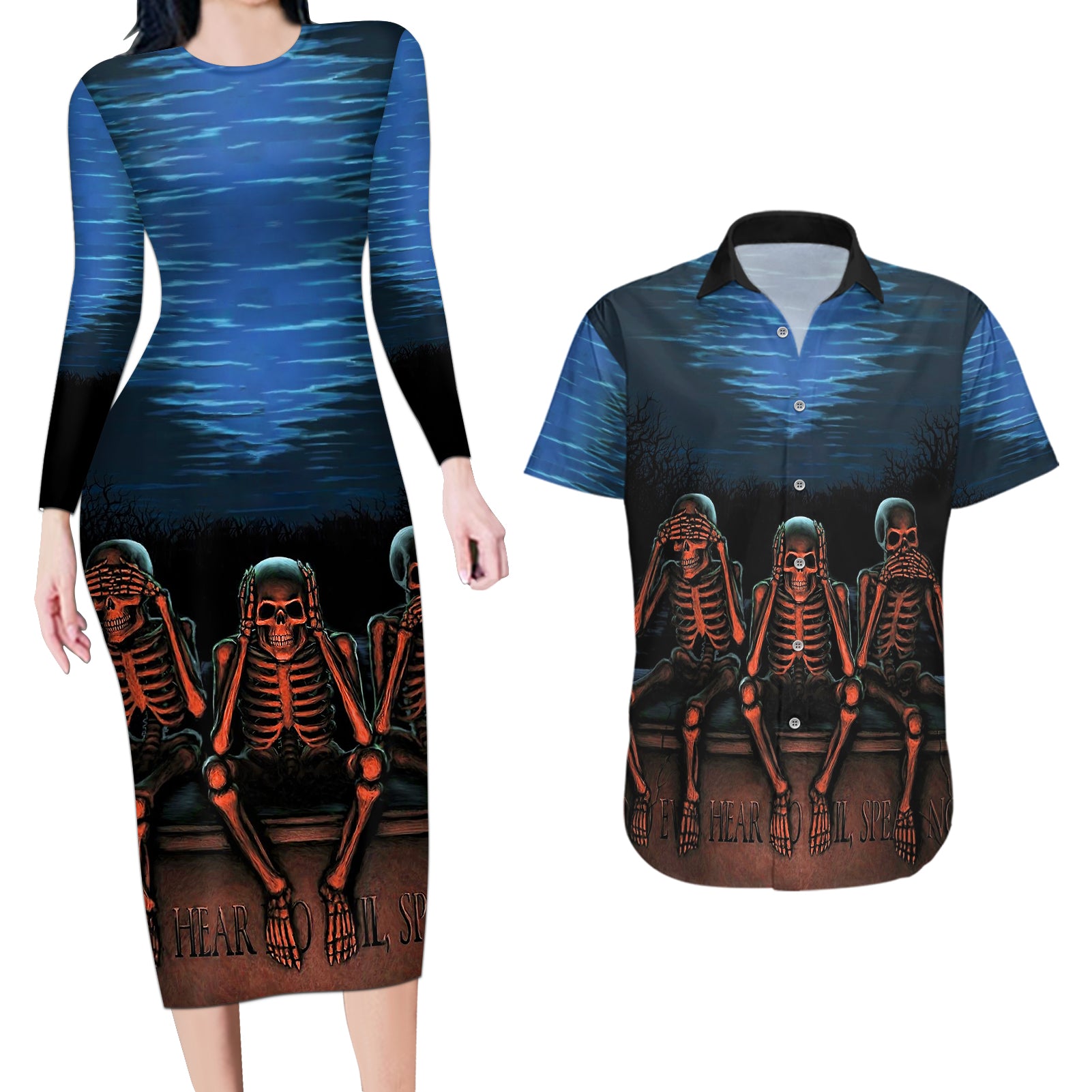 skull-couples-matching-long-sleeve-bodycon-dress-and-hawaiian-shirt-three-skeleton-no-see-no-speak-no-hear