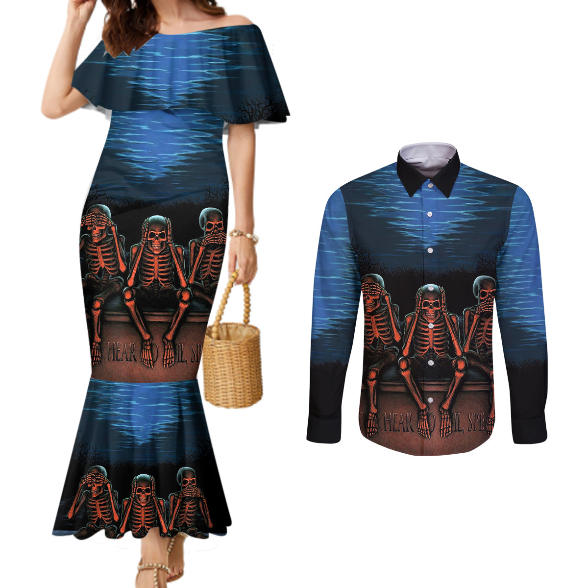 skull-couples-matching-mermaid-dress-and-long-sleeve-button-shirts-three-skeleton-no-see-no-speak-no-hear