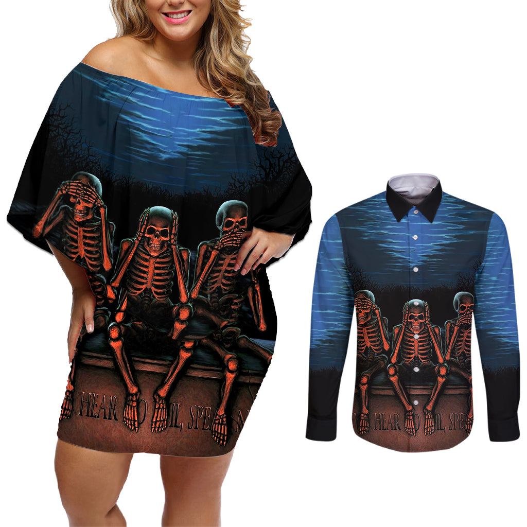 skull-couples-matching-off-shoulder-short-dress-and-long-sleeve-button-shirts-three-skeleton-no-see-no-speak-no-hear