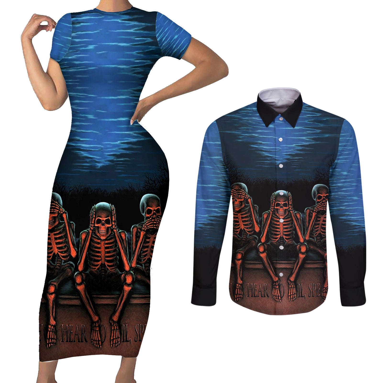 skull-couples-matching-short-sleeve-bodycon-dress-and-long-sleeve-button-shirts-three-skeleton-no-see-no-speak-no-hear