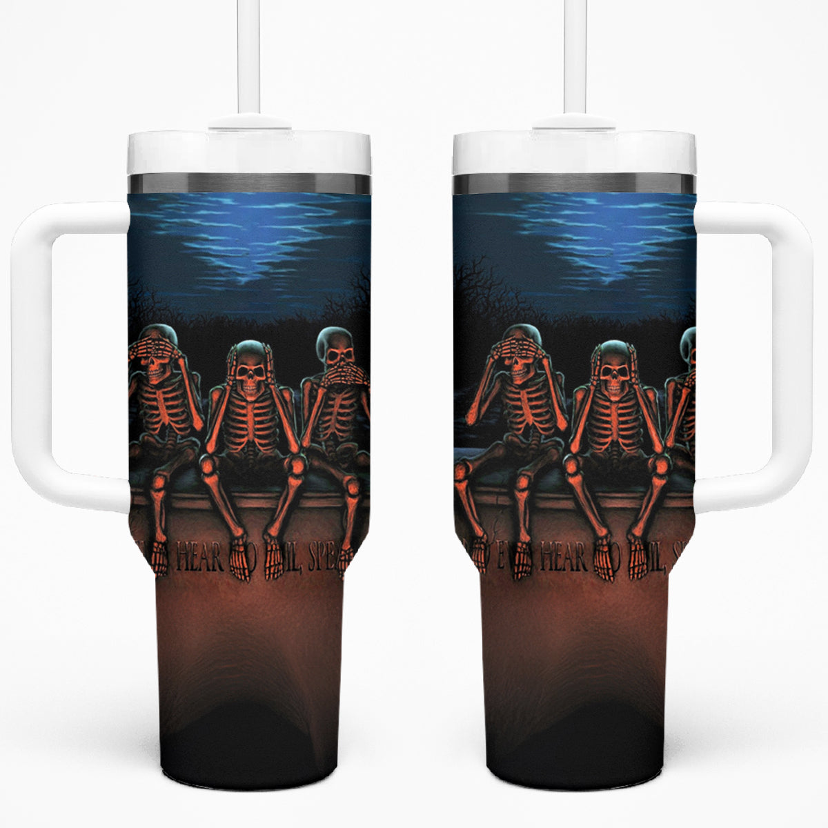 Skull Tumbler With Handle Three Skeleton No See No Speak No Hear