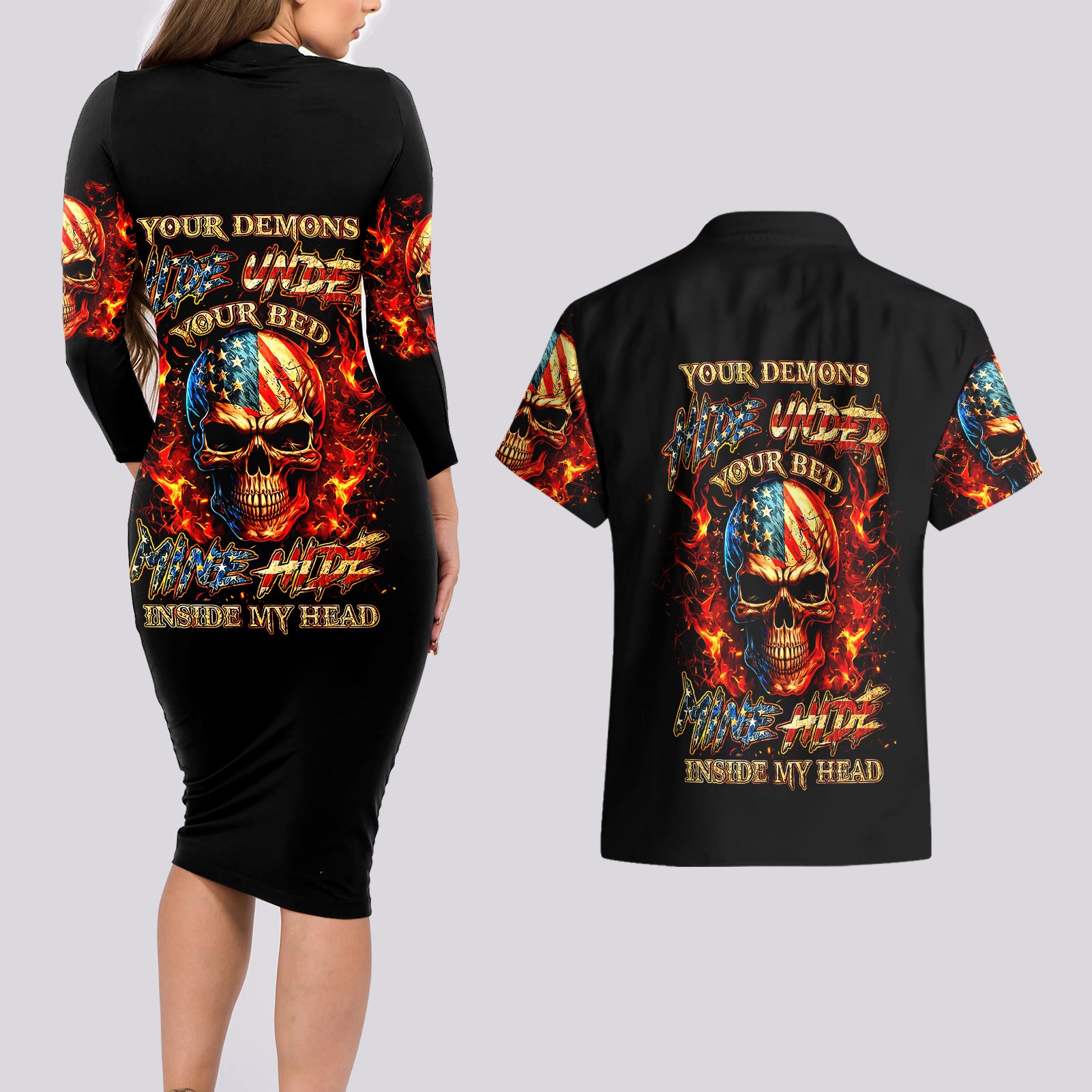 fire-skull-couples-matching-long-sleeve-bodycon-dress-and-hawaiian-shirt-my-demon-hide-inside-my-head