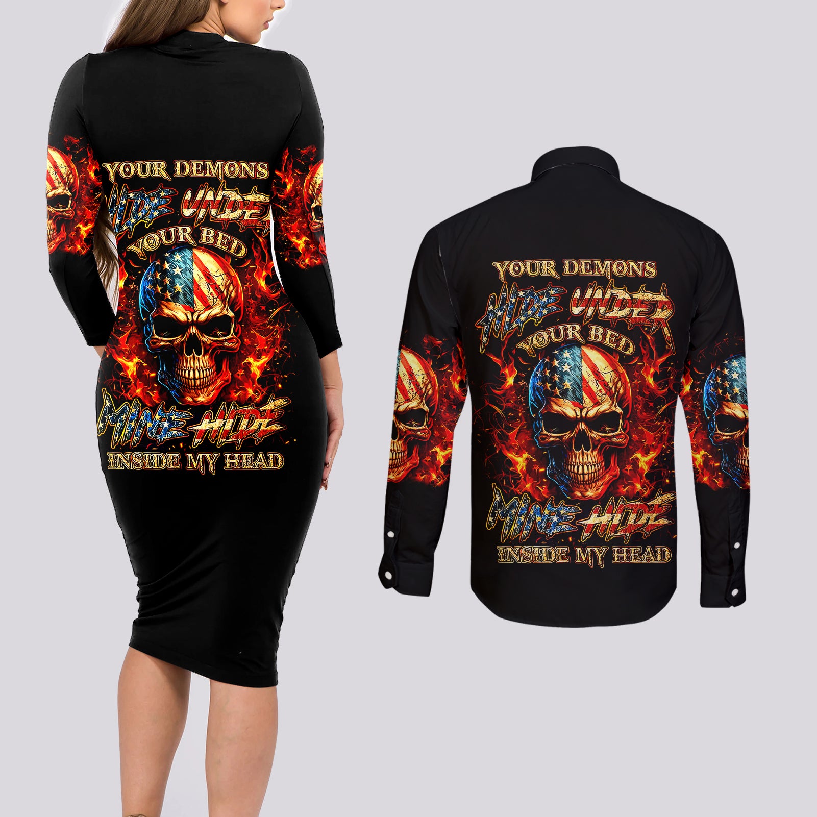 fire-skull-couples-matching-long-sleeve-bodycon-dress-and-long-sleeve-button-shirts-my-demon-hide-inside-my-head