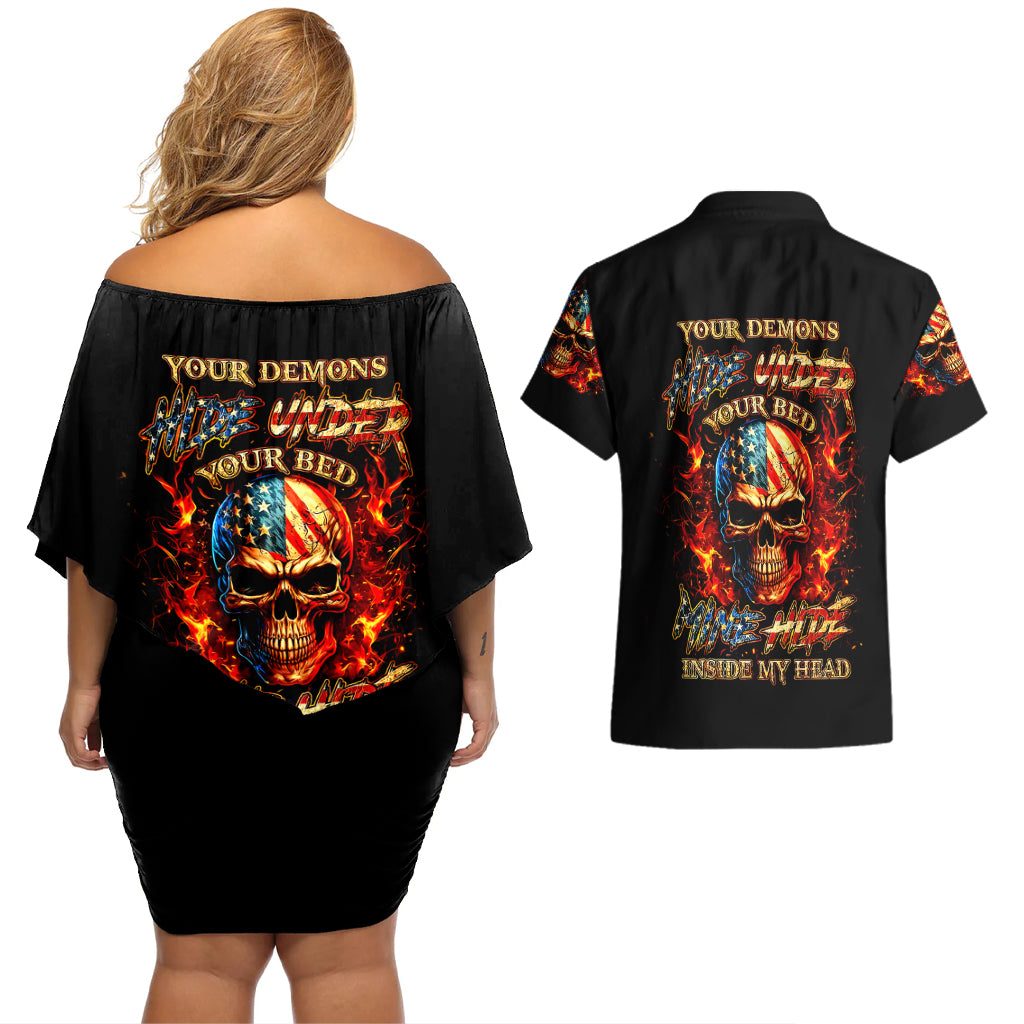 fire-skull-couples-matching-off-shoulder-short-dress-and-hawaiian-shirt-my-demon-hide-inside-my-head