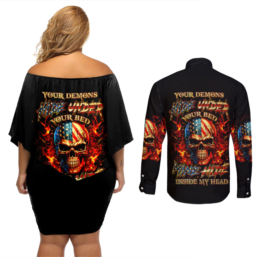 fire-skull-couples-matching-off-shoulder-short-dress-and-long-sleeve-button-shirts-my-demon-hide-inside-my-head