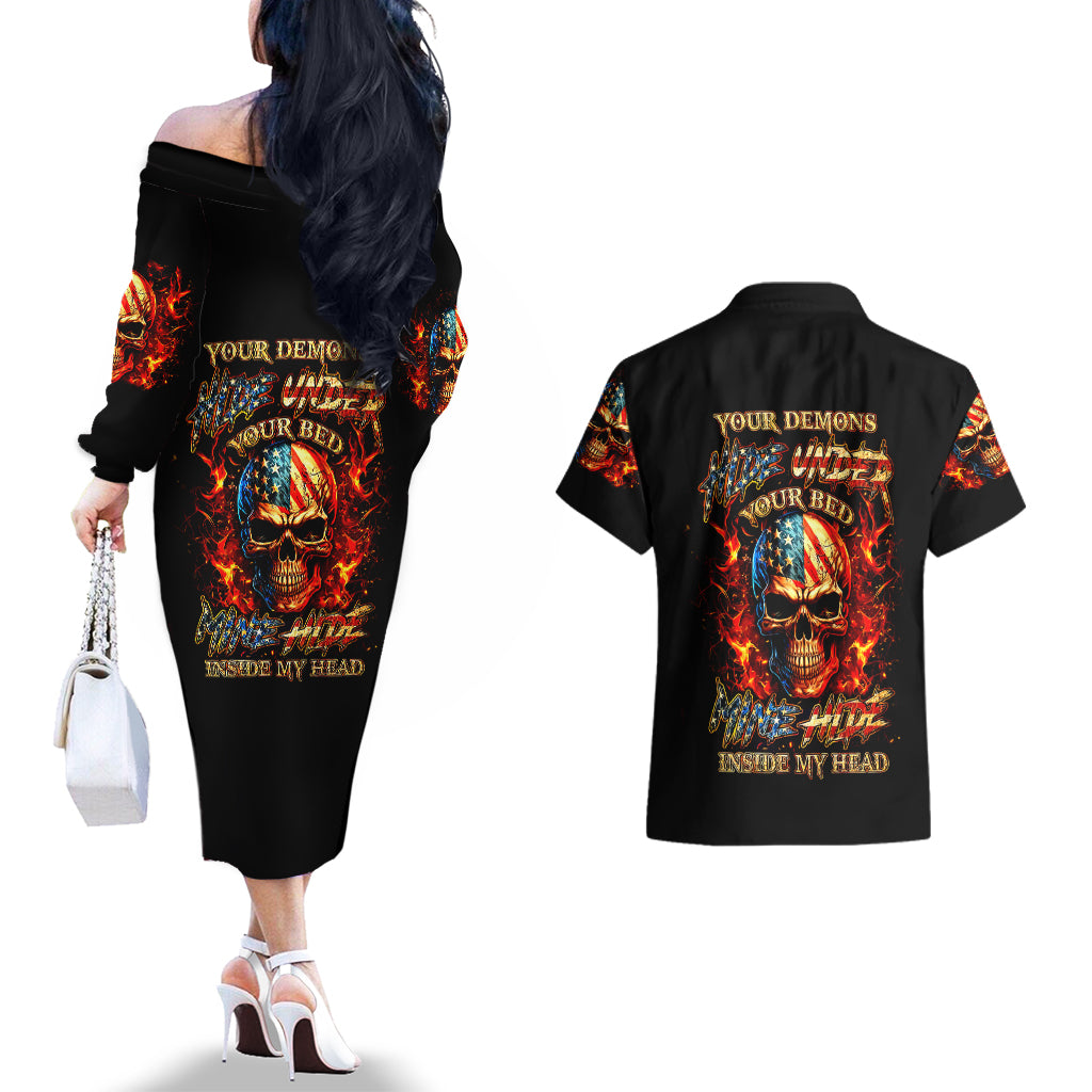 fire-skull-couples-matching-off-the-shoulder-long-sleeve-dress-and-hawaiian-shirt-my-demon-hide-inside-my-head