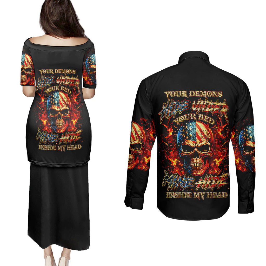 fire-skull-couples-matching-puletasi-dress-and-long-sleeve-button-shirts-my-demon-hide-inside-my-head