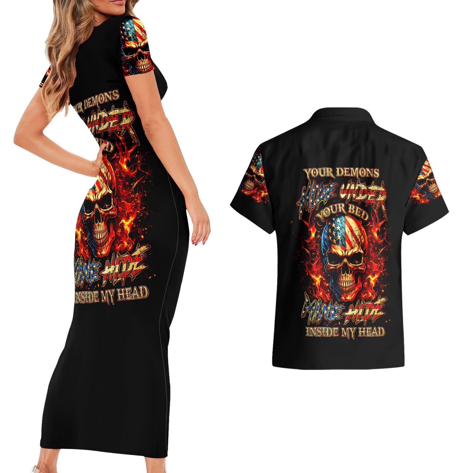 fire-skull-couples-matching-short-sleeve-bodycon-dress-and-hawaiian-shirt-my-demon-hide-inside-my-head