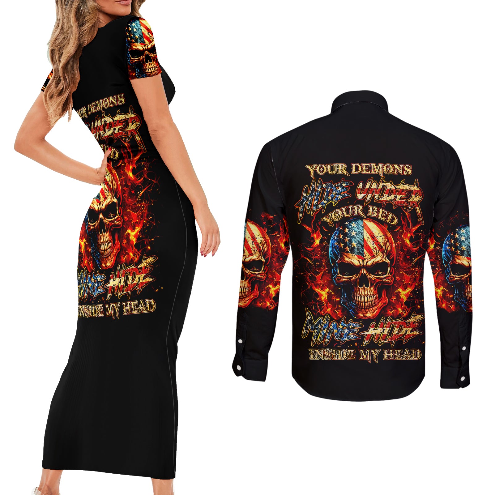 fire-skull-couples-matching-short-sleeve-bodycon-dress-and-long-sleeve-button-shirts-my-demon-hide-inside-my-head