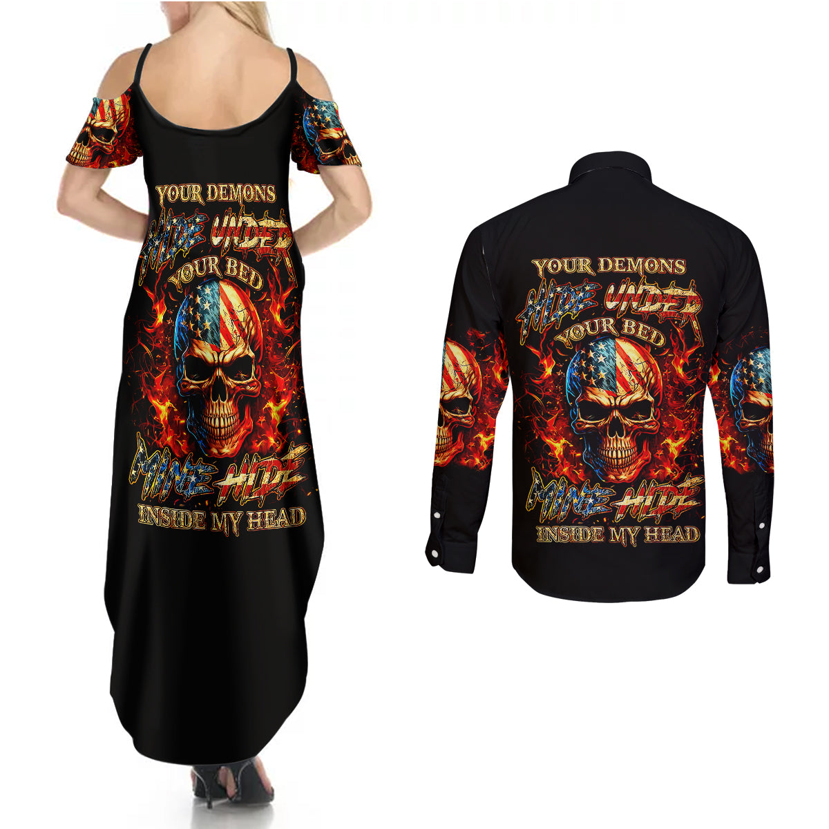 fire-skull-couples-matching-summer-maxi-dress-and-long-sleeve-button-shirts-my-demon-hide-inside-my-head