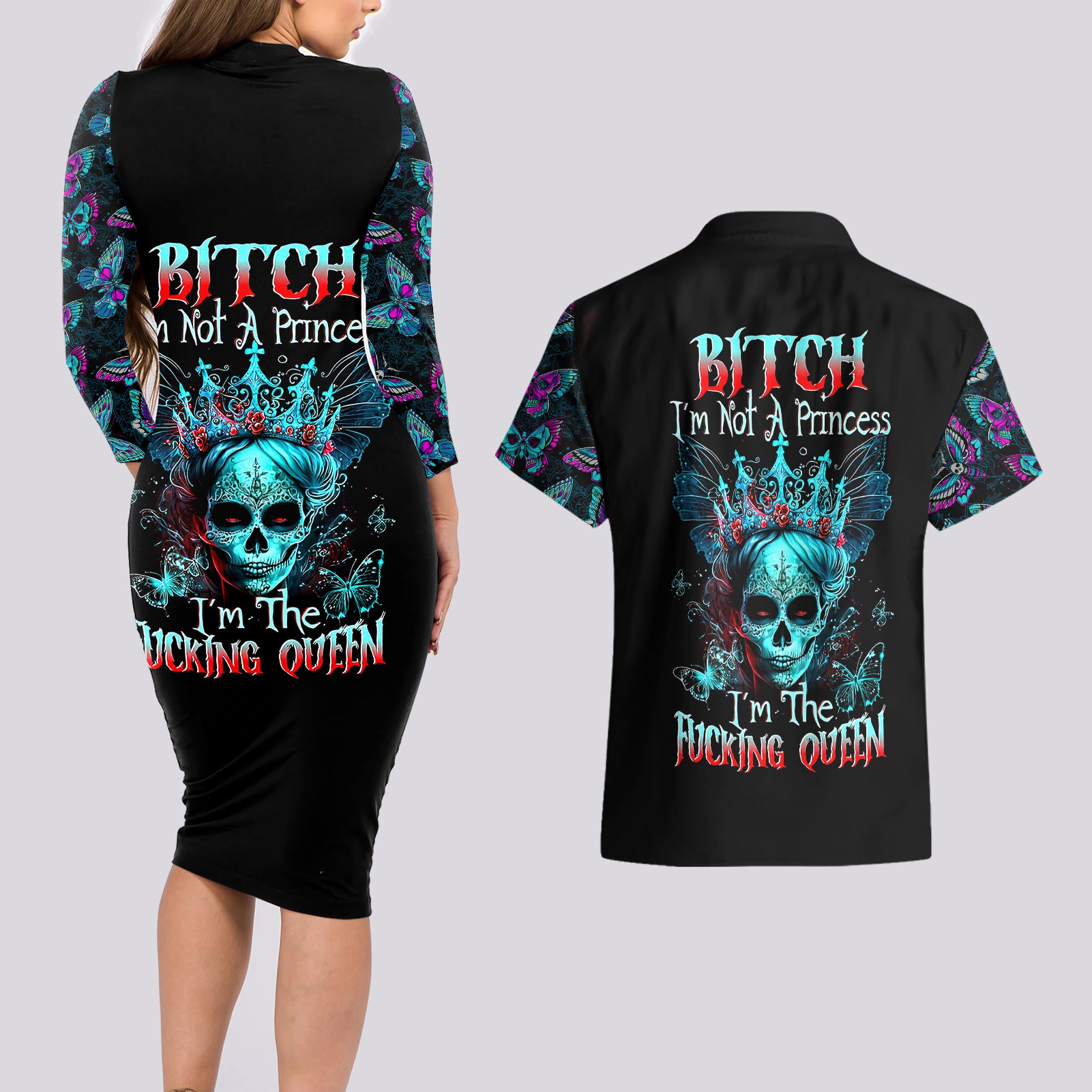 da-de-los-muertos-skull-couples-matching-long-sleeve-bodycon-dress-and-hawaiian-shirt-im-not-a-princess-im-the-queen