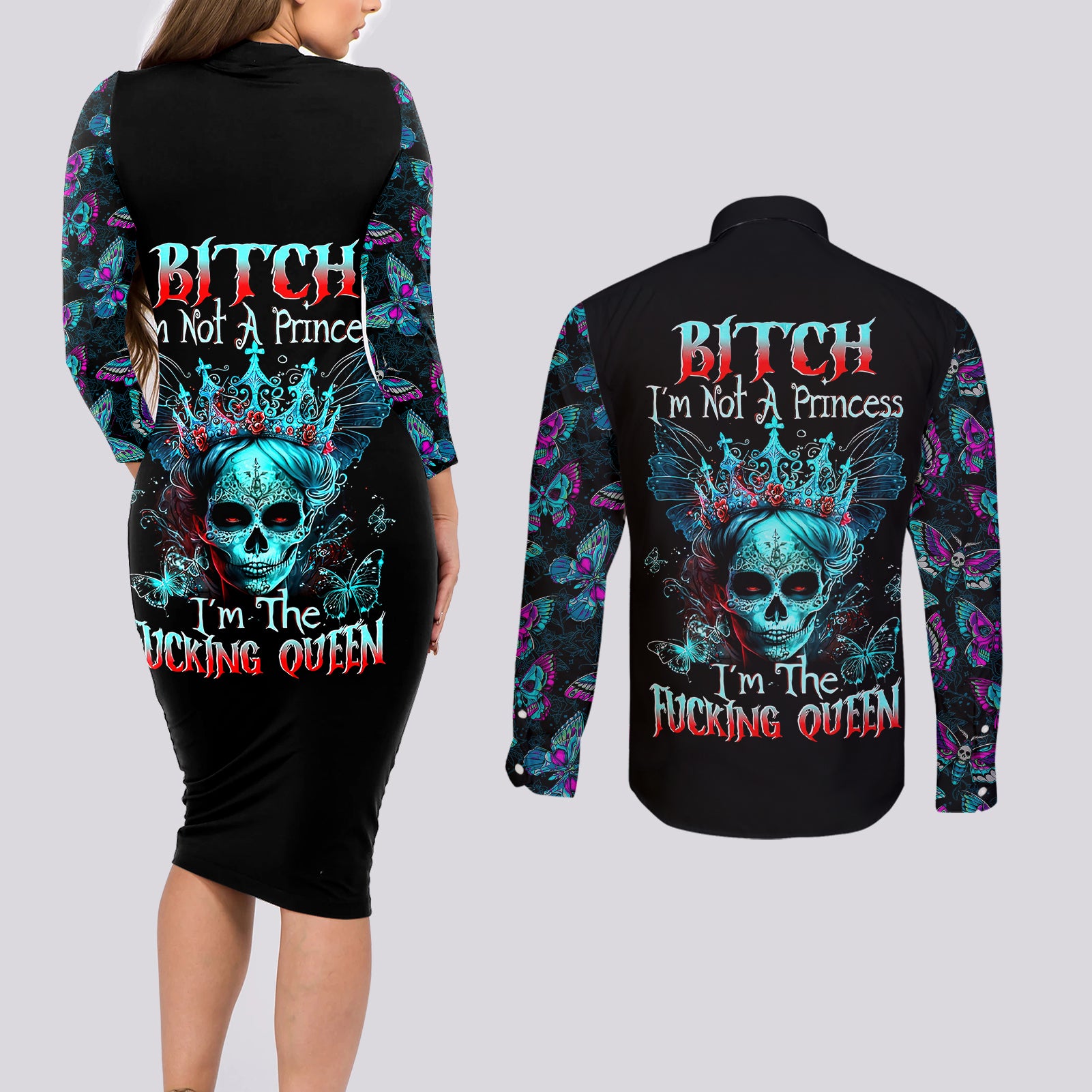 da-de-los-muertos-skull-couples-matching-long-sleeve-bodycon-dress-and-long-sleeve-button-shirts-im-not-a-princess-im-the-queen