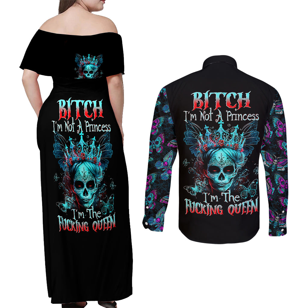 da-de-los-muertos-skull-couples-matching-off-shoulder-maxi-dress-and-long-sleeve-button-shirts-im-not-a-princess-im-the-queen