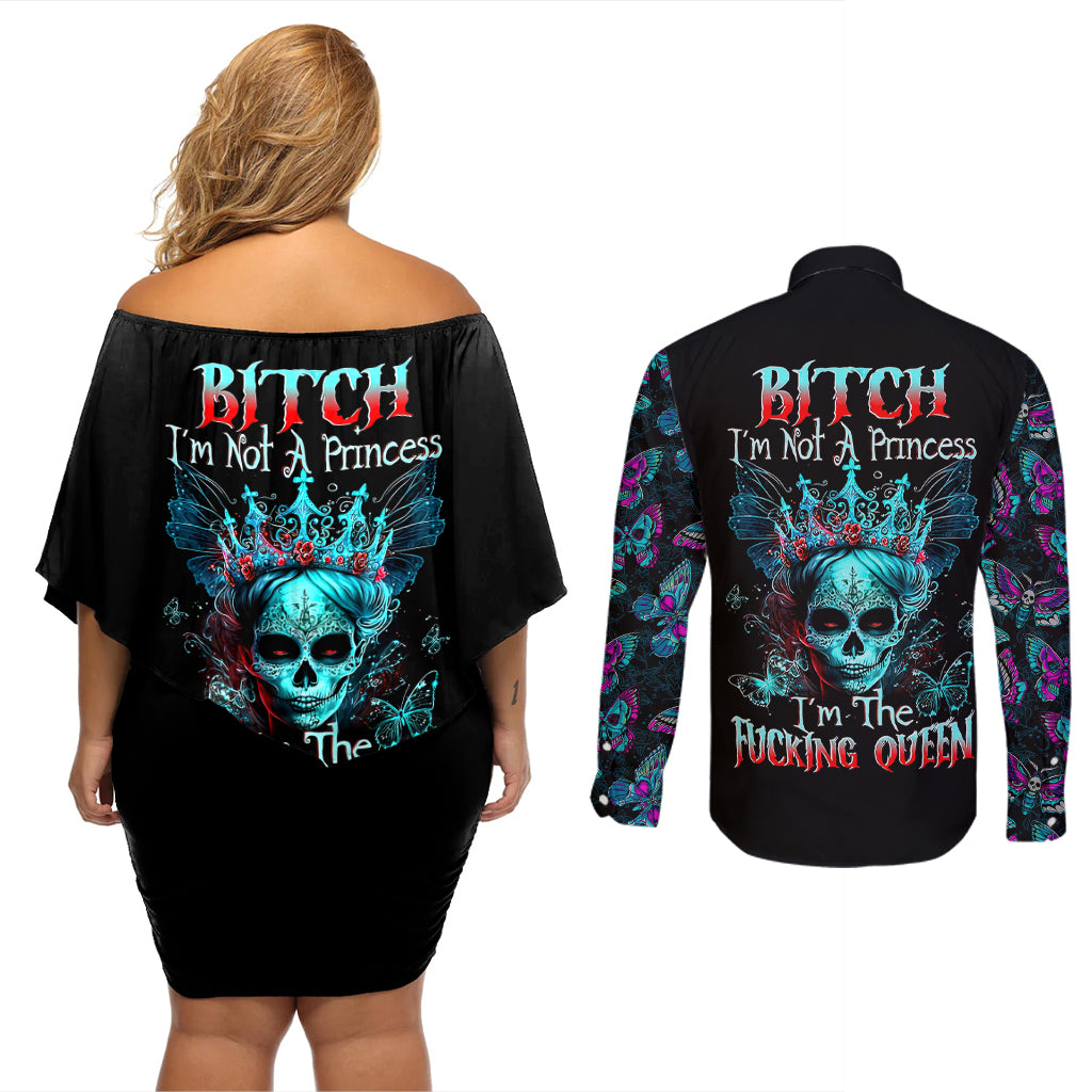 da-de-los-muertos-skull-couples-matching-off-shoulder-short-dress-and-long-sleeve-button-shirts-im-not-a-princess-im-the-queen