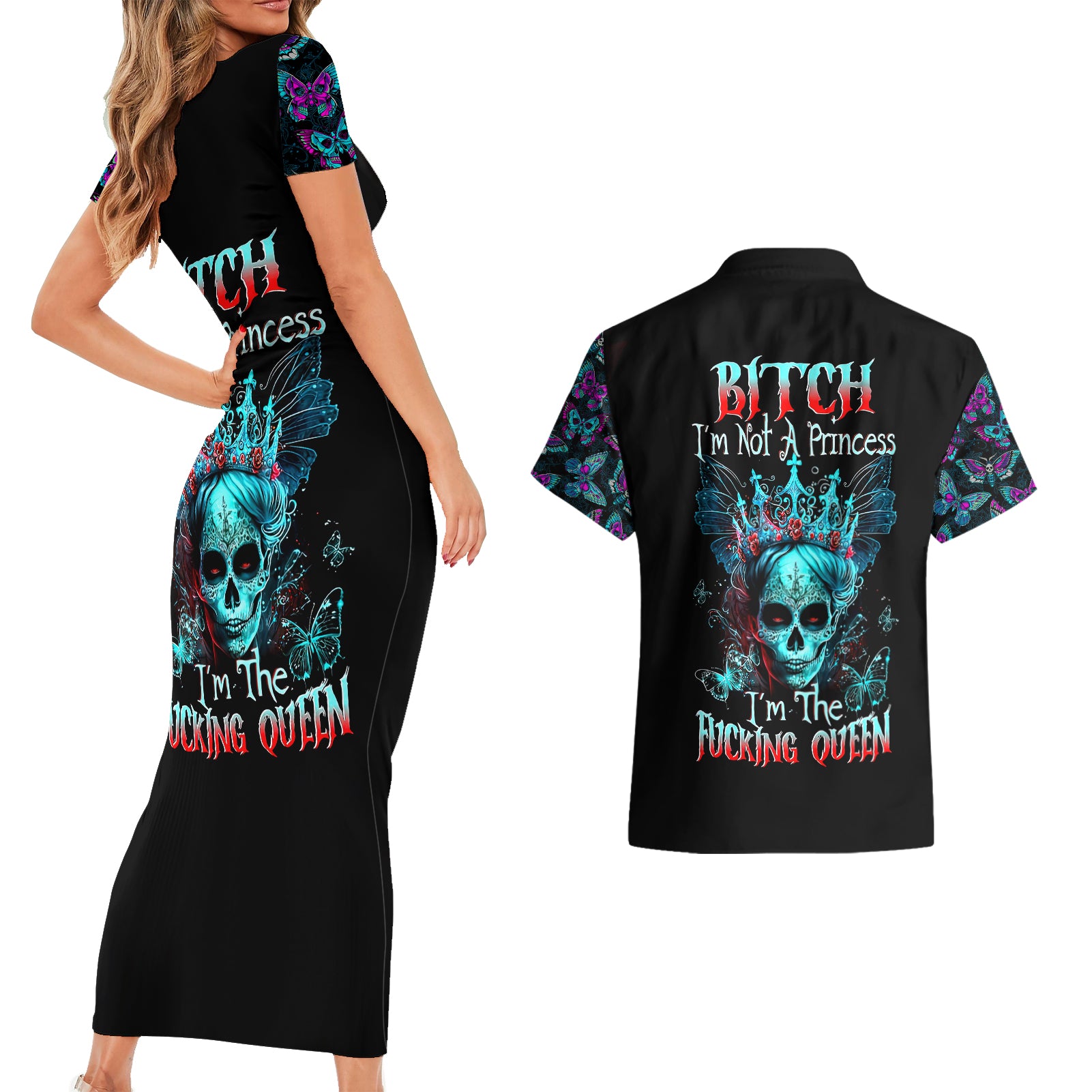 da-de-los-muertos-skull-couples-matching-short-sleeve-bodycon-dress-and-hawaiian-shirt-im-not-a-princess-im-the-queen