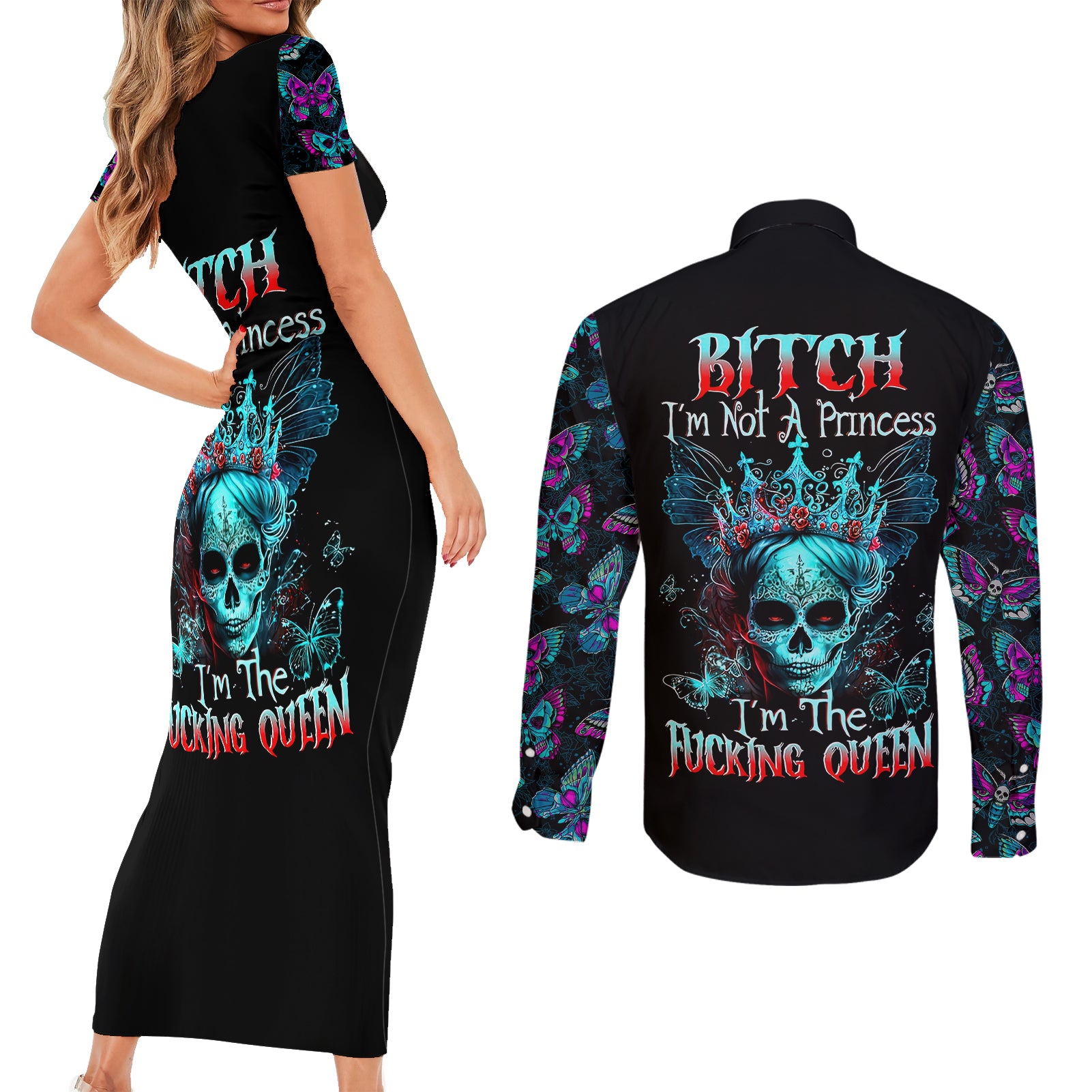 da-de-los-muertos-skull-couples-matching-short-sleeve-bodycon-dress-and-long-sleeve-button-shirts-im-not-a-princess-im-the-queen