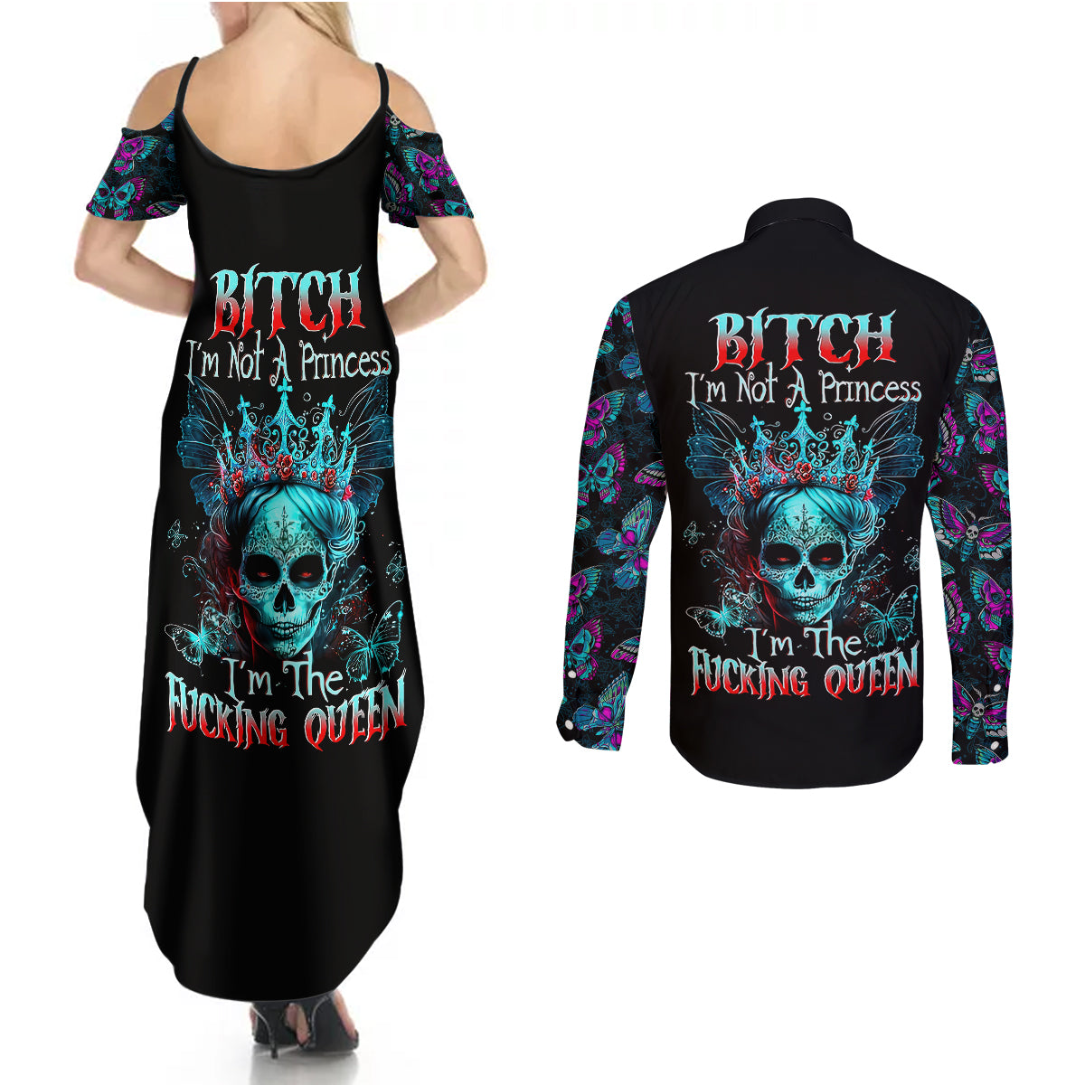 da-de-los-muertos-skull-couples-matching-summer-maxi-dress-and-long-sleeve-button-shirts-im-not-a-princess-im-the-queen