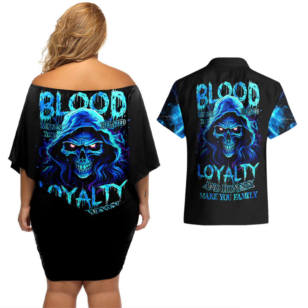 blue-flame-skull-couples-matching-off-shoulder-short-dress-and-hawaiian-shirt-blood-make-you-related