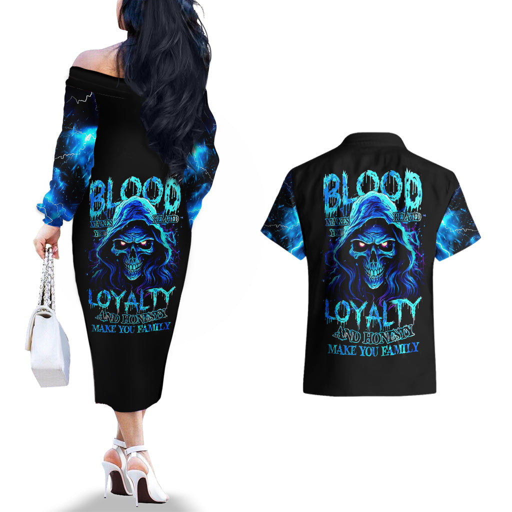 blue-flame-skull-couples-matching-off-the-shoulder-long-sleeve-dress-and-hawaiian-shirt-blood-make-you-related