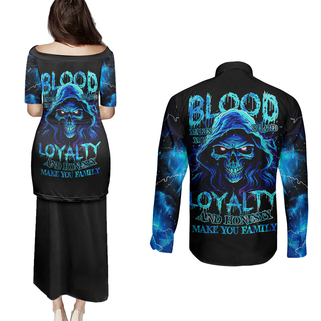 blue-flame-skull-couples-matching-puletasi-dress-and-long-sleeve-button-shirts-blood-make-you-related