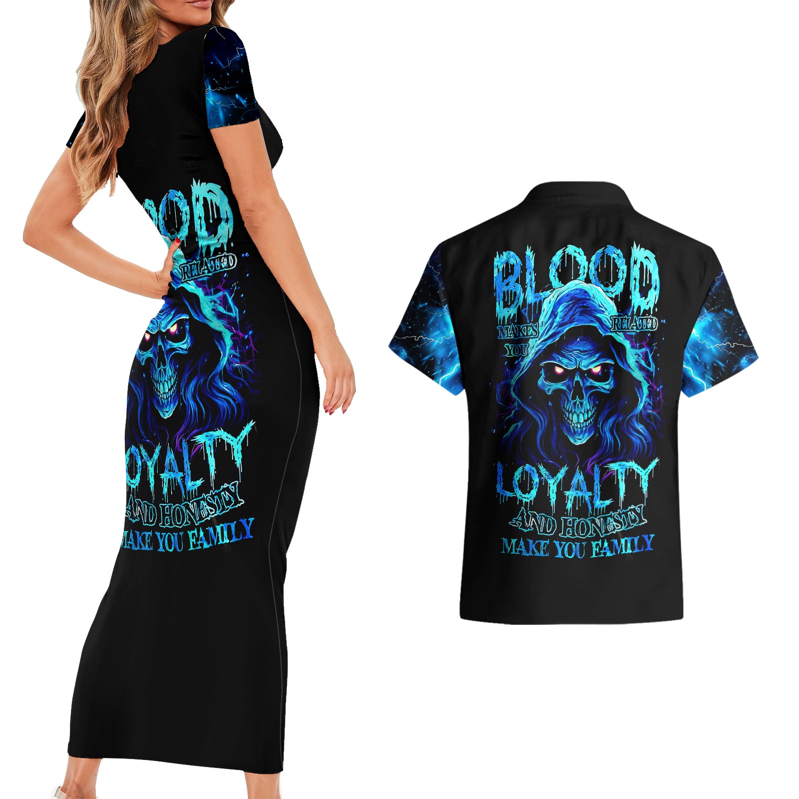 blue-flame-skull-couples-matching-short-sleeve-bodycon-dress-and-hawaiian-shirt-blood-make-you-related