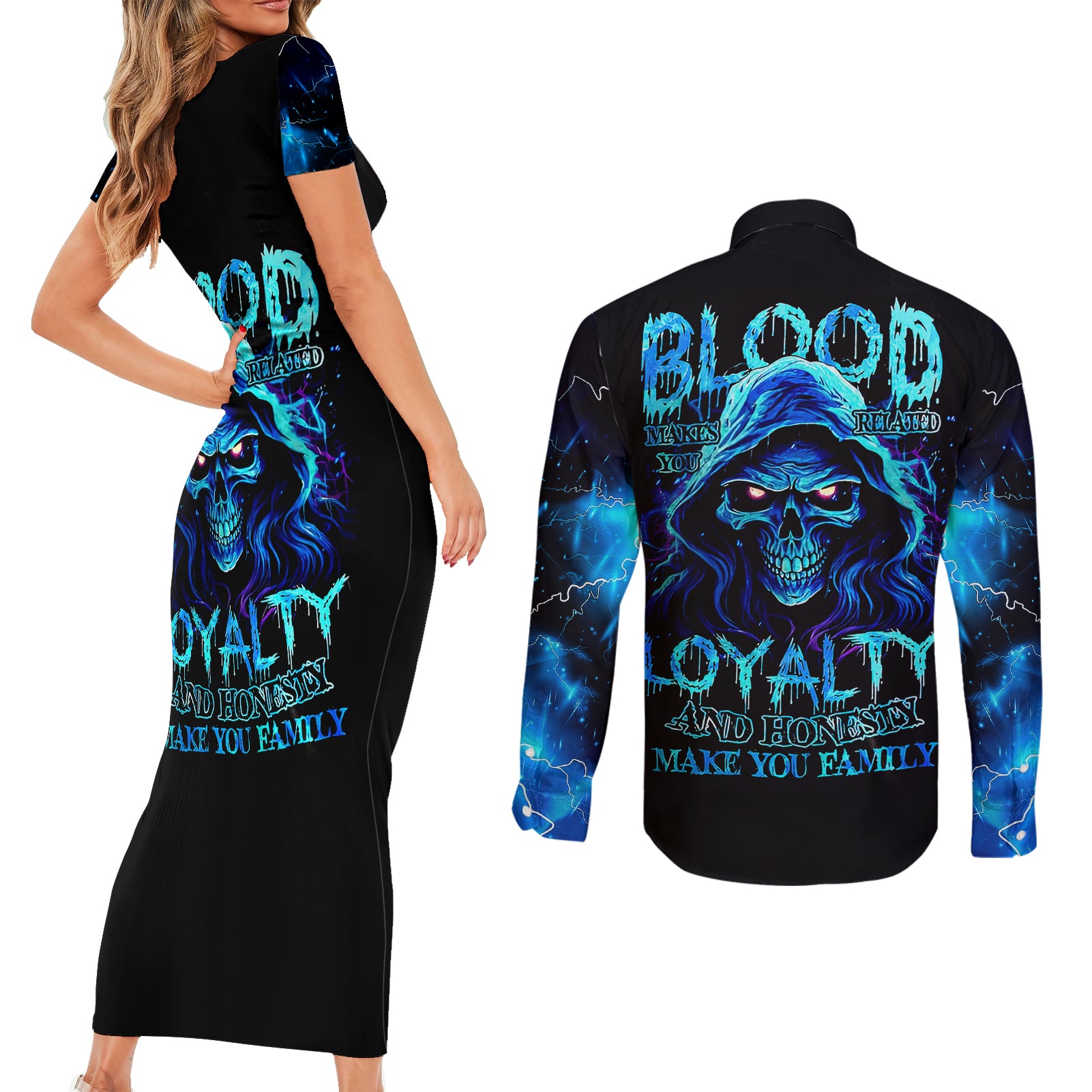 blue-flame-skull-couples-matching-short-sleeve-bodycon-dress-and-long-sleeve-button-shirts-blood-make-you-related