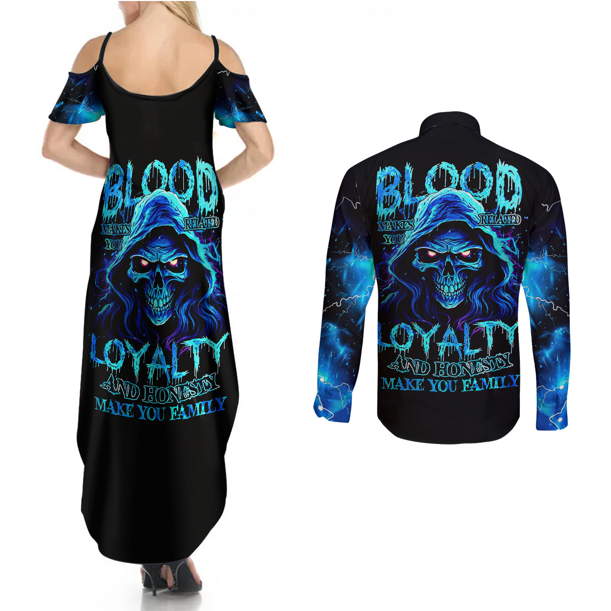 blue-flame-skull-couples-matching-summer-maxi-dress-and-long-sleeve-button-shirts-blood-make-you-related