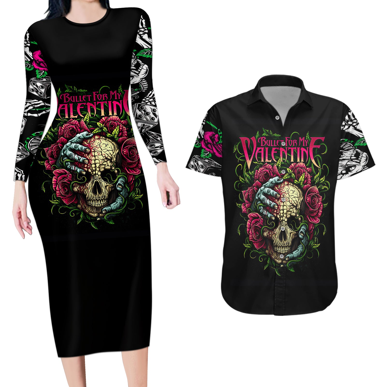 viper-skull-couples-matching-long-sleeve-bodycon-dress-and-hawaiian-shirt-bullet-for-my-valentine