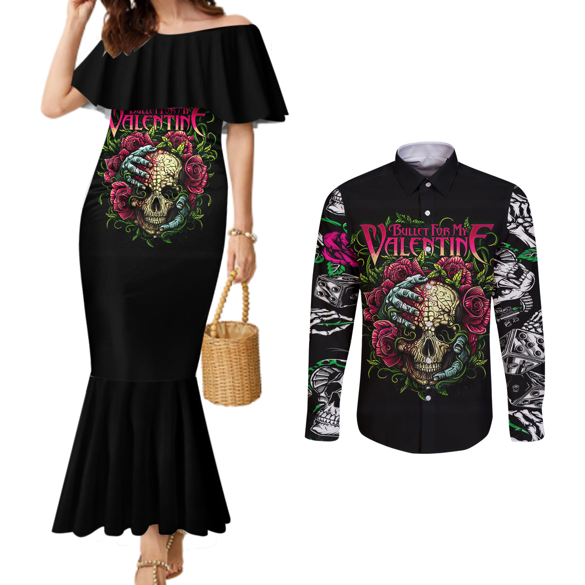 viper-skull-couples-matching-mermaid-dress-and-long-sleeve-button-shirts-bullet-for-my-valentine