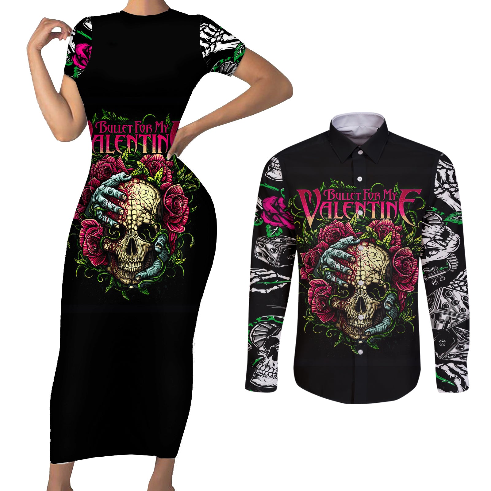 viper-skull-couples-matching-short-sleeve-bodycon-dress-and-long-sleeve-button-shirts-bullet-for-my-valentine