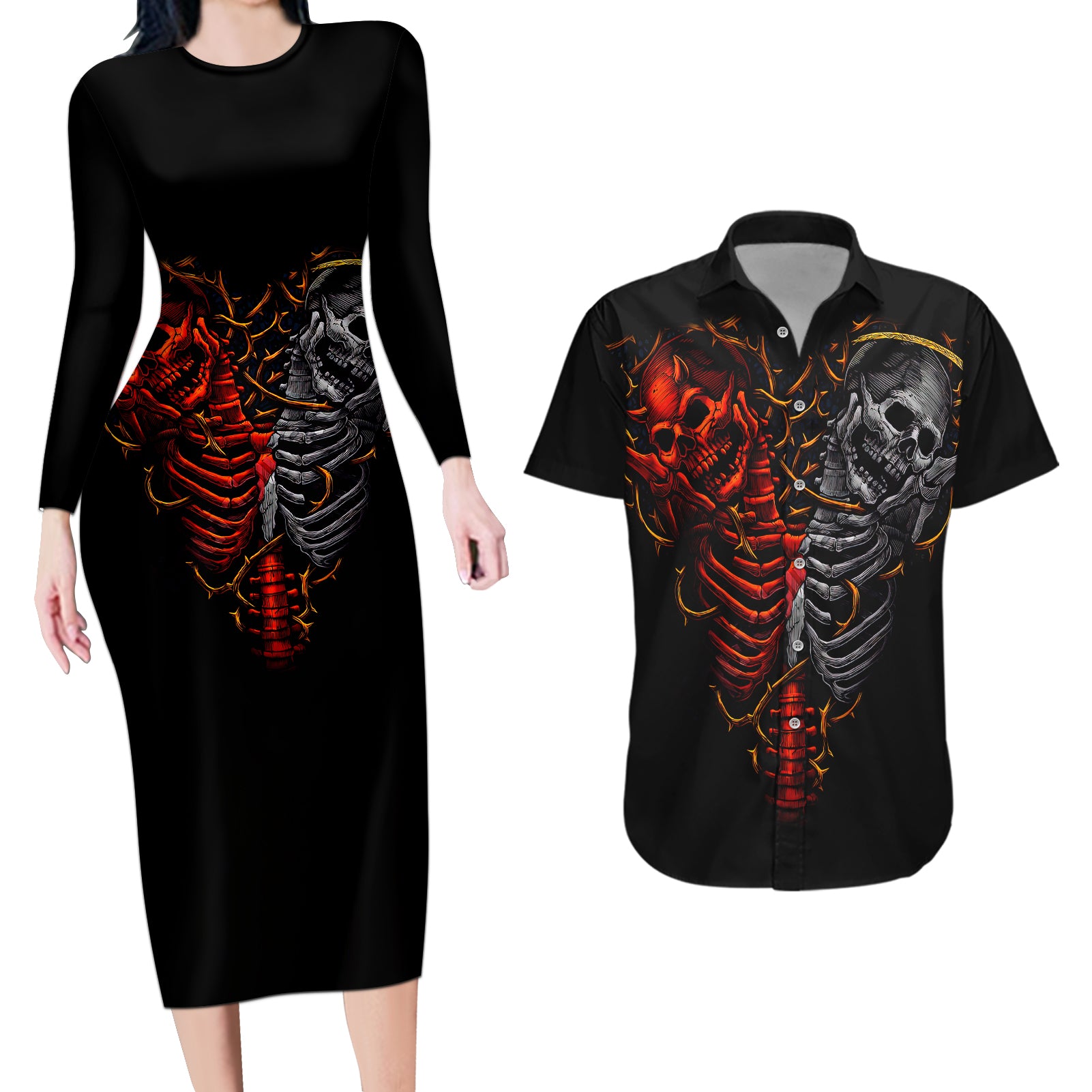 skull-couples-matching-long-sleeve-bodycon-dress-and-hawaiian-shirt-devil-and-angel-twin-skull