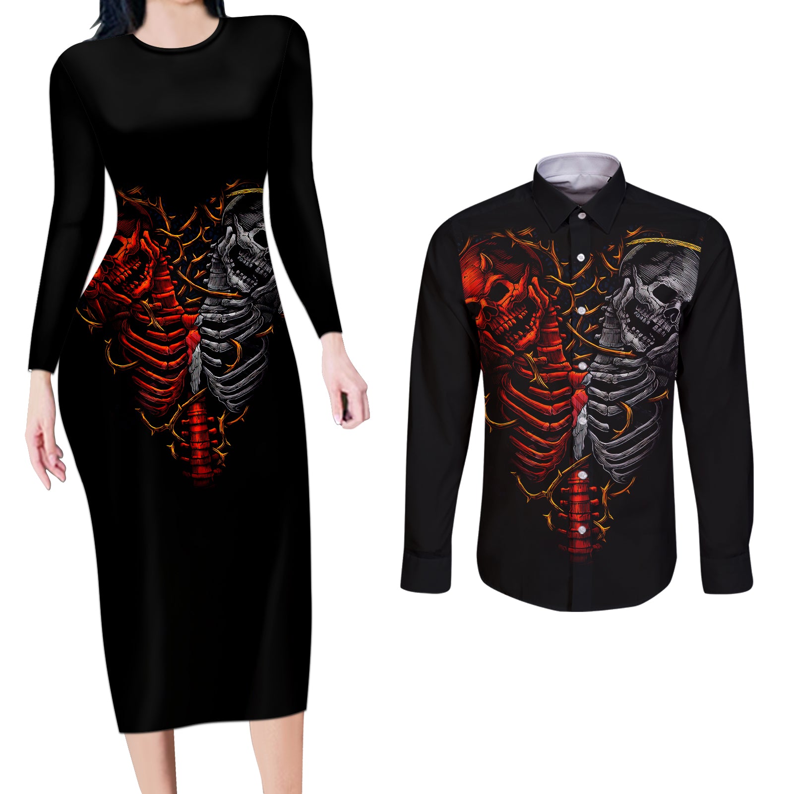 skull-couples-matching-long-sleeve-bodycon-dress-and-long-sleeve-button-shirts-devil-and-angel-twin-skull