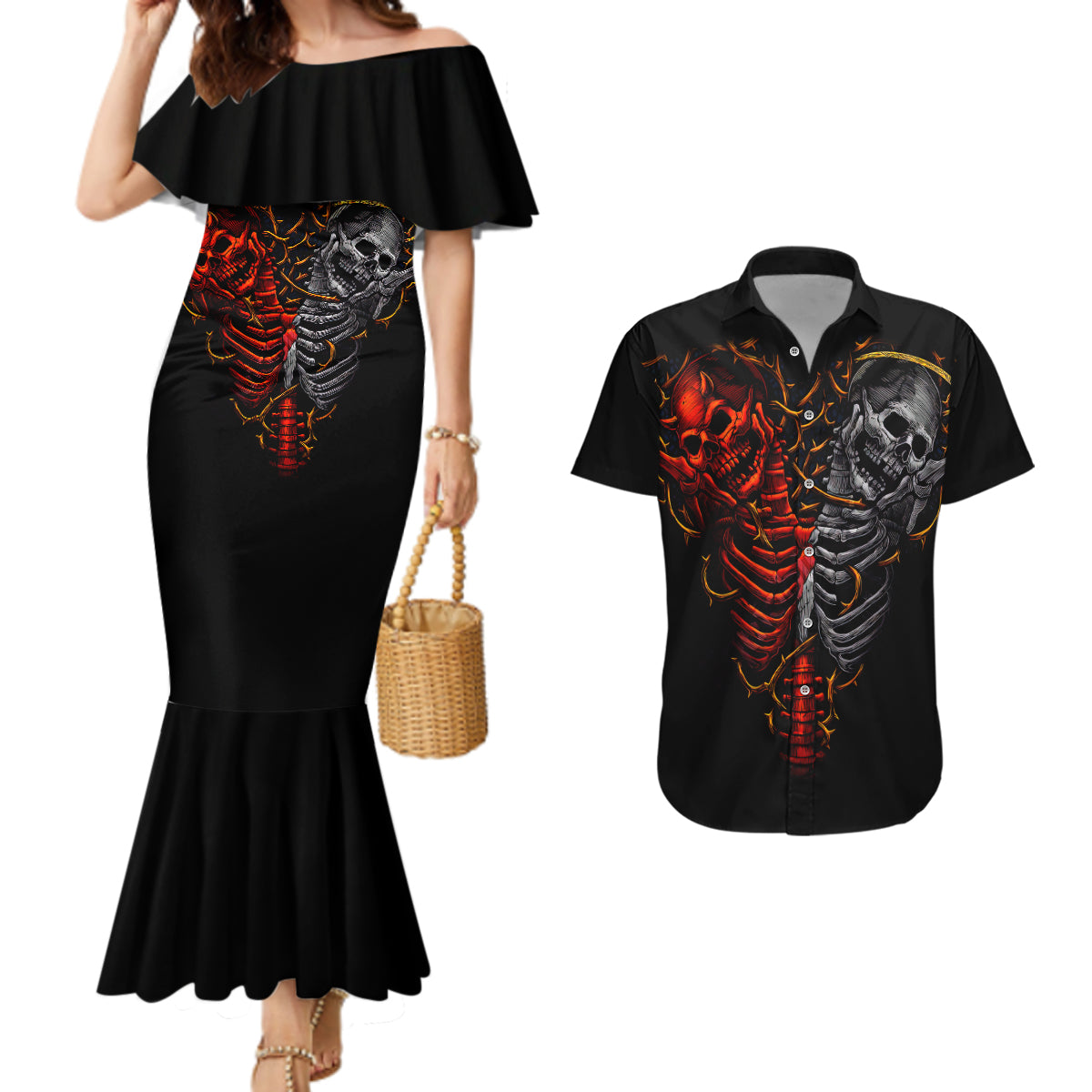 skull-couples-matching-mermaid-dress-and-hawaiian-shirt-devil-and-angel-twin-skull