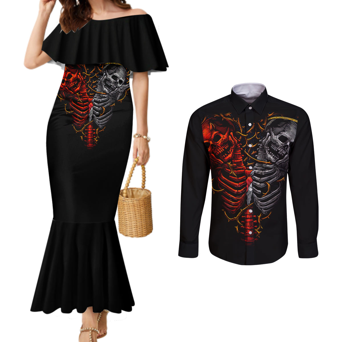 skull-couples-matching-mermaid-dress-and-long-sleeve-button-shirts-devil-and-angel-twin-skull