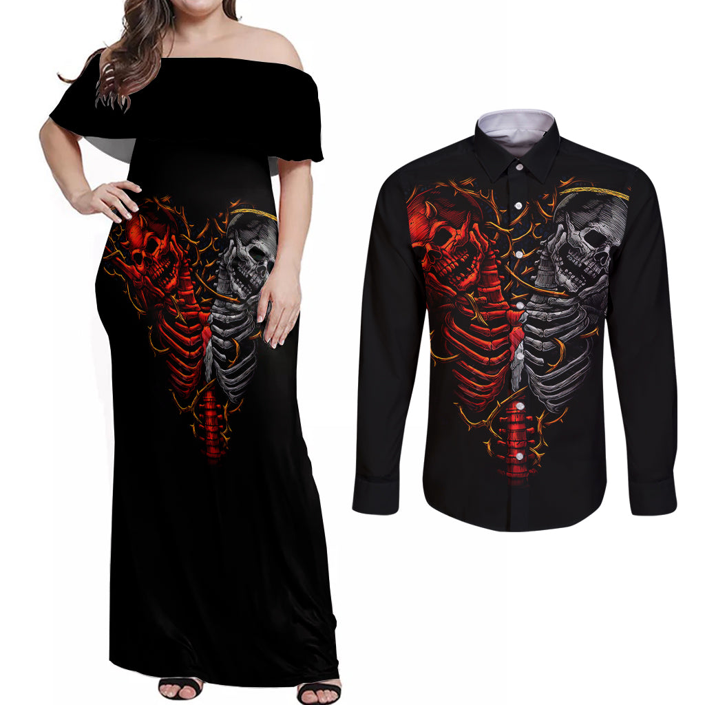 skull-couples-matching-off-shoulder-maxi-dress-and-long-sleeve-button-shirts-devil-and-angel-twin-skull