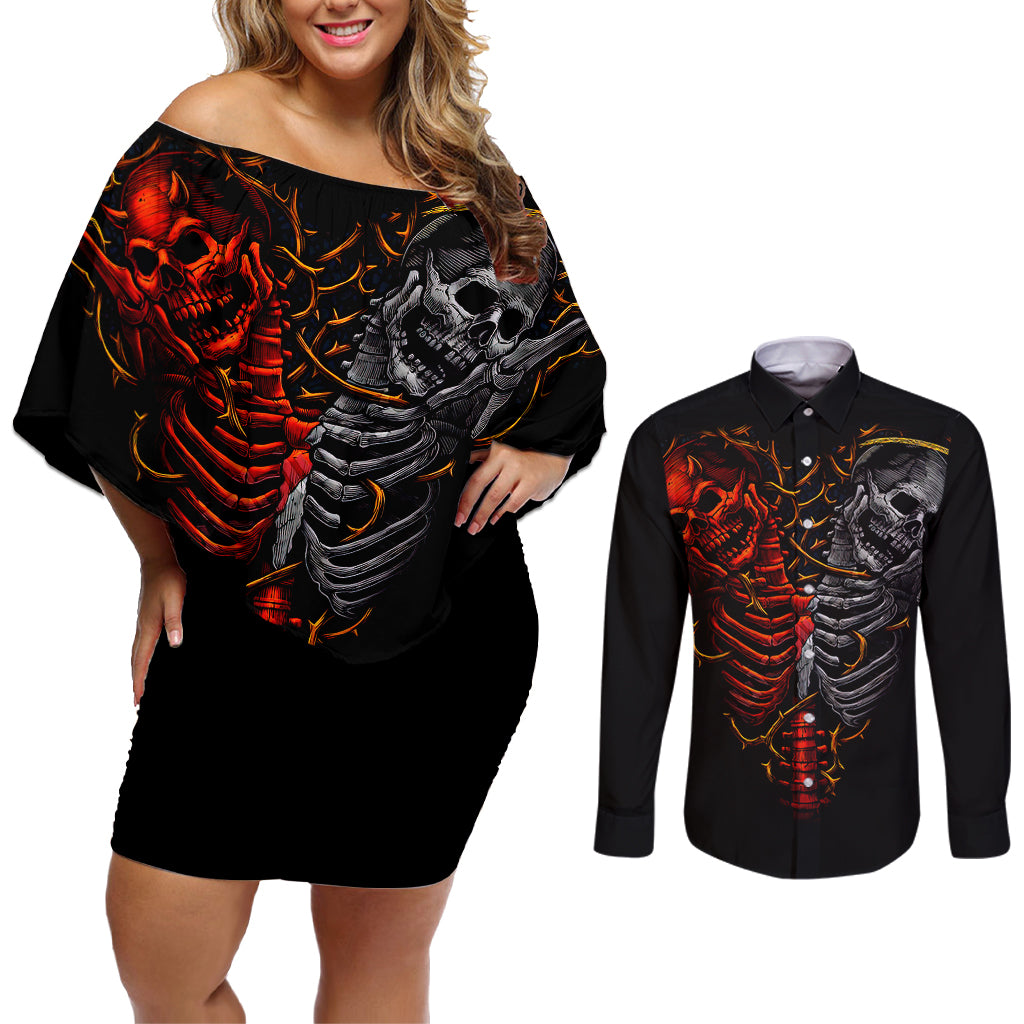 skull-couples-matching-off-shoulder-short-dress-and-long-sleeve-button-shirts-devil-and-angel-twin-skull