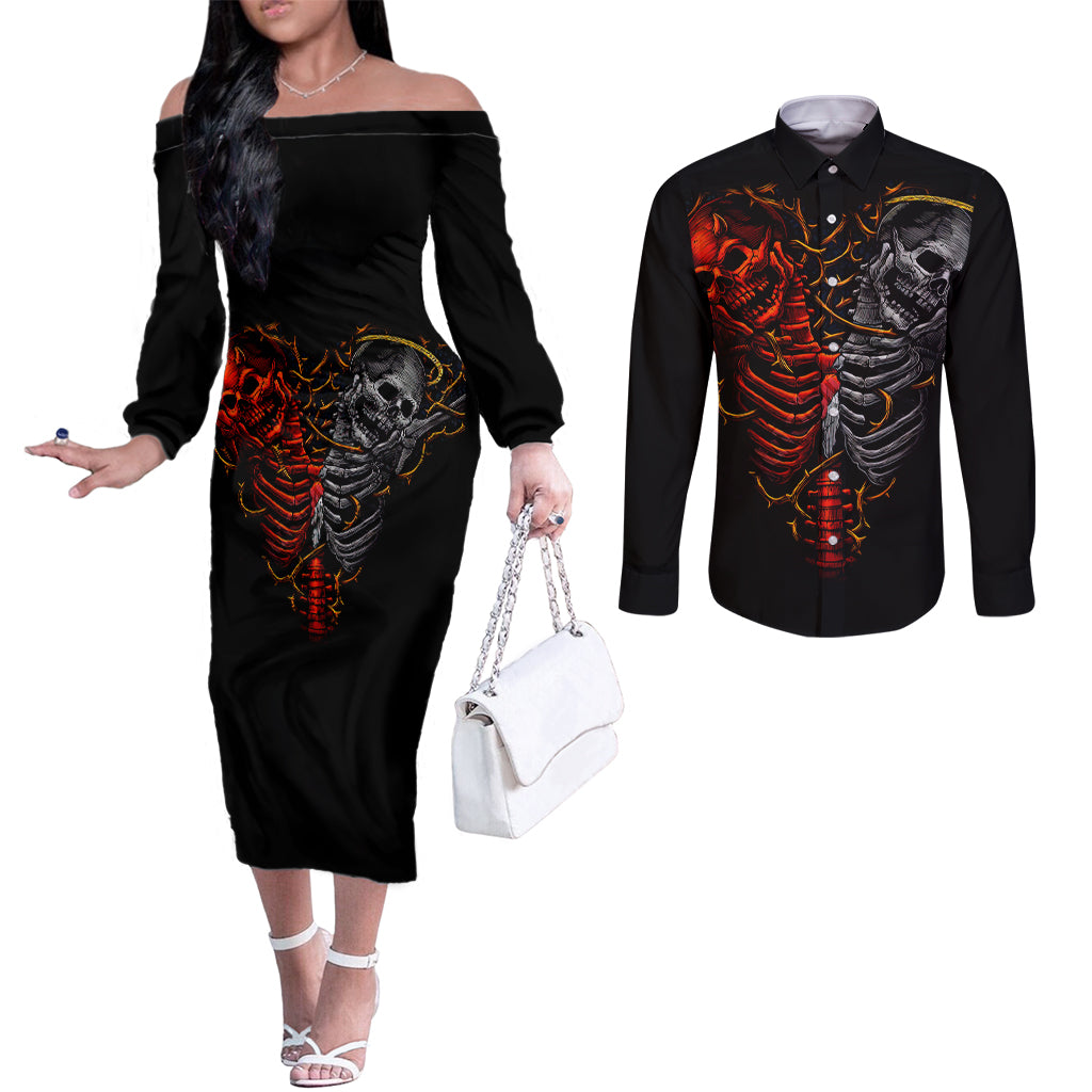 skull-couples-matching-off-the-shoulder-long-sleeve-dress-and-long-sleeve-button-shirts-devil-and-angel-twin-skull