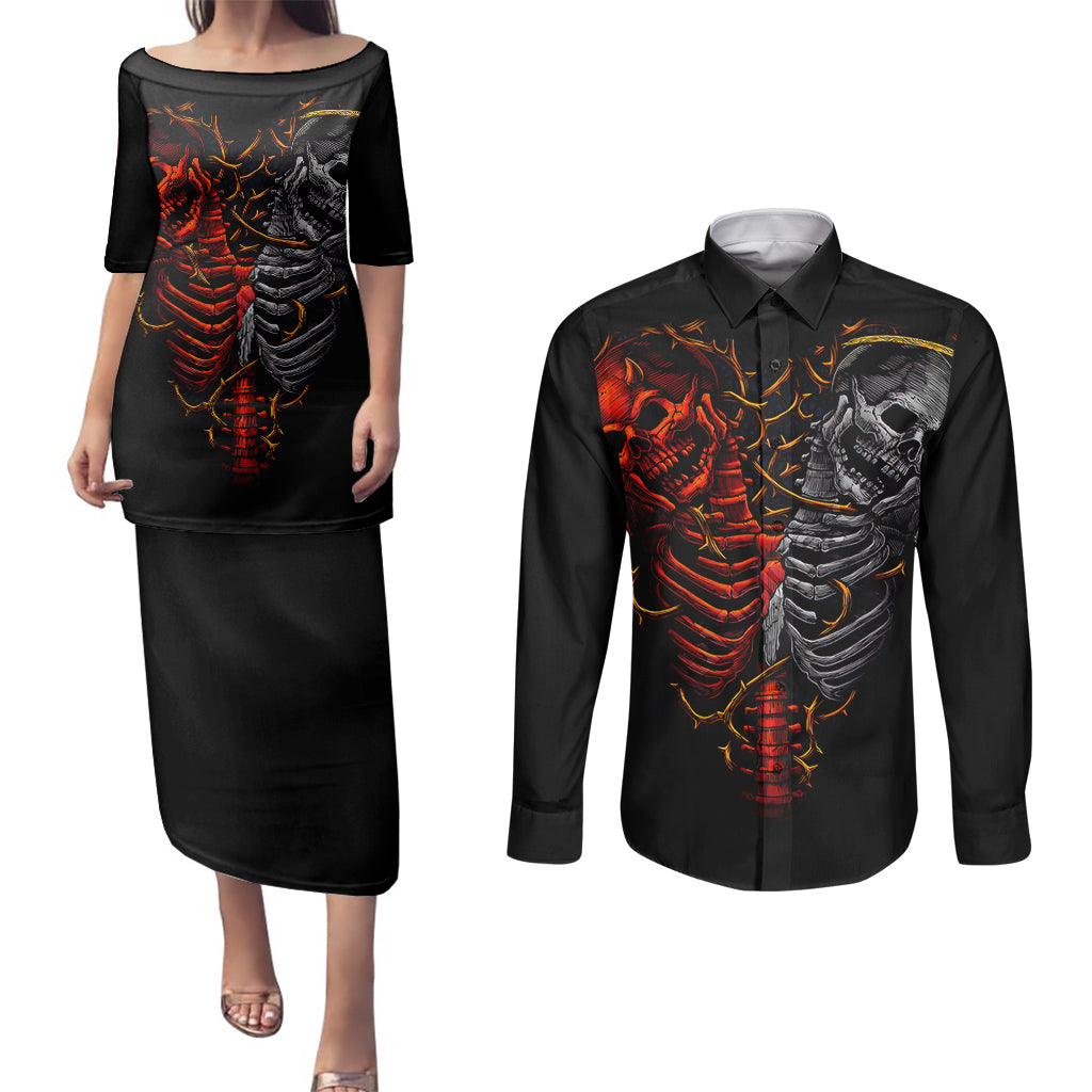 skull-couples-matching-puletasi-dress-and-long-sleeve-button-shirts-devil-and-angel-twin-skull