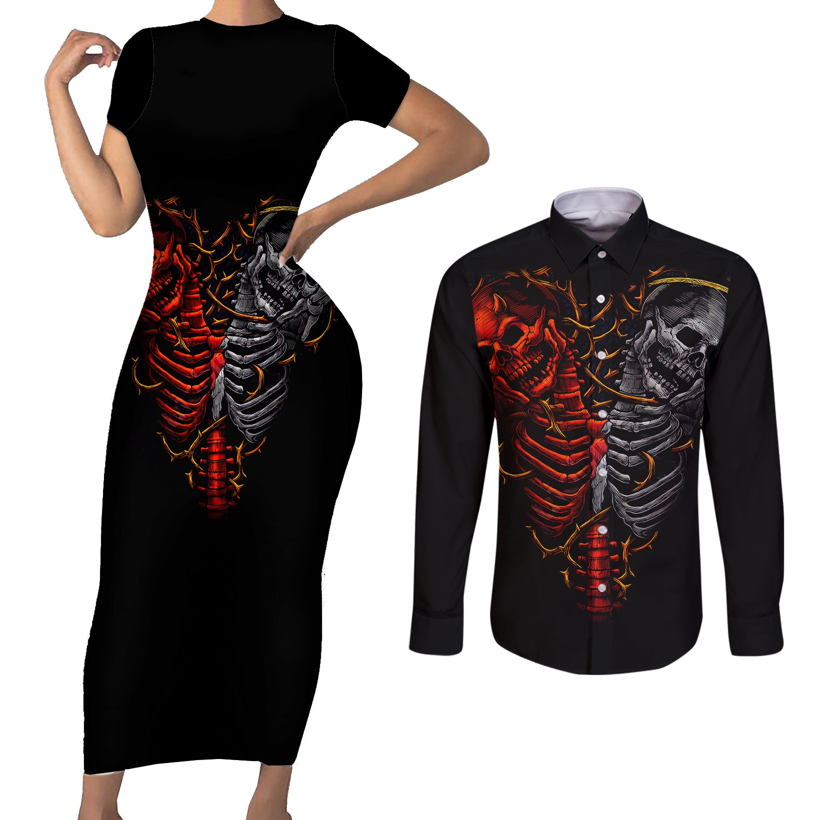 skull-couples-matching-short-sleeve-bodycon-dress-and-long-sleeve-button-shirts-devil-and-angel-twin-skull