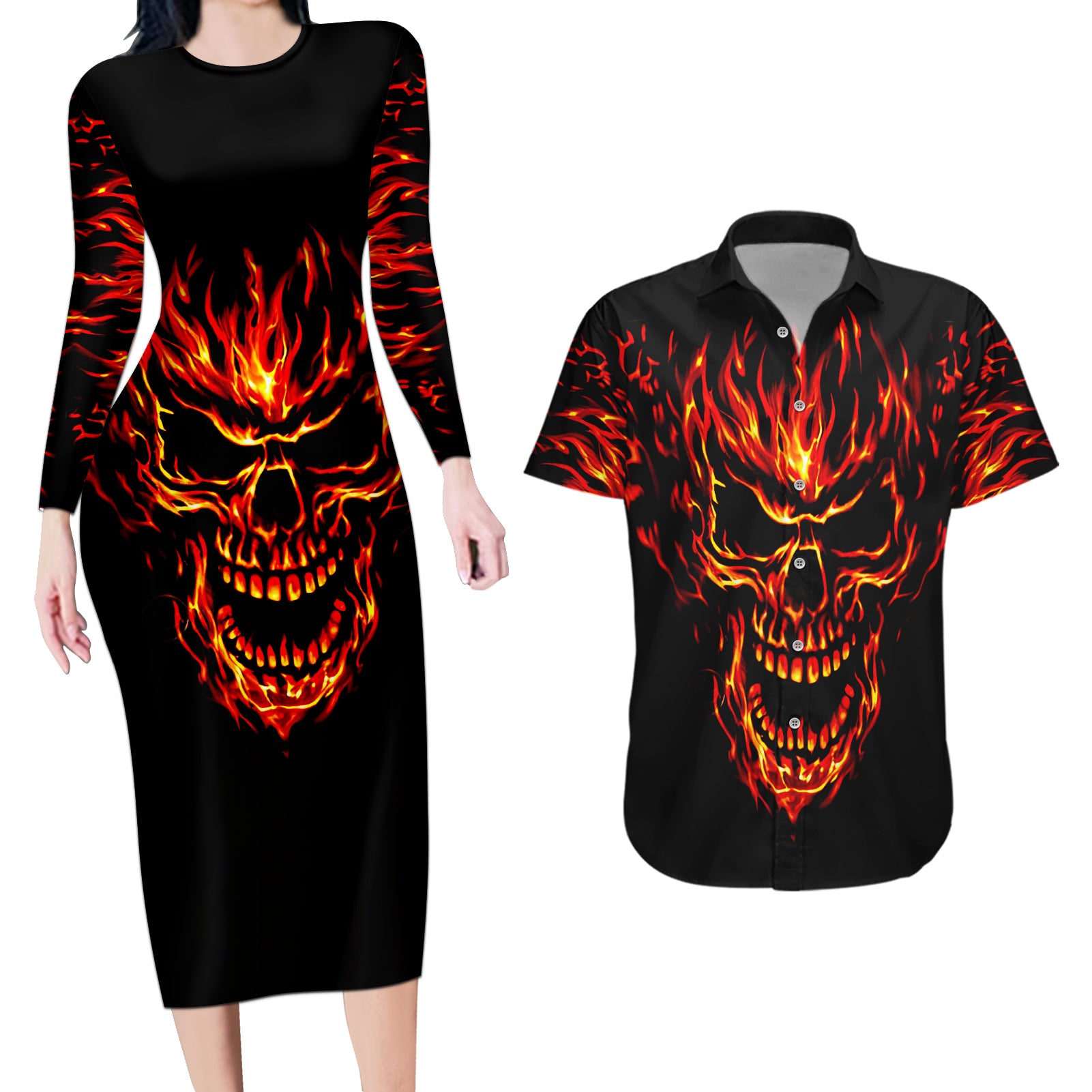 flame-skull-couples-matching-long-sleeve-bodycon-dress-and-hawaiian-shirt-skull-face-inside-me