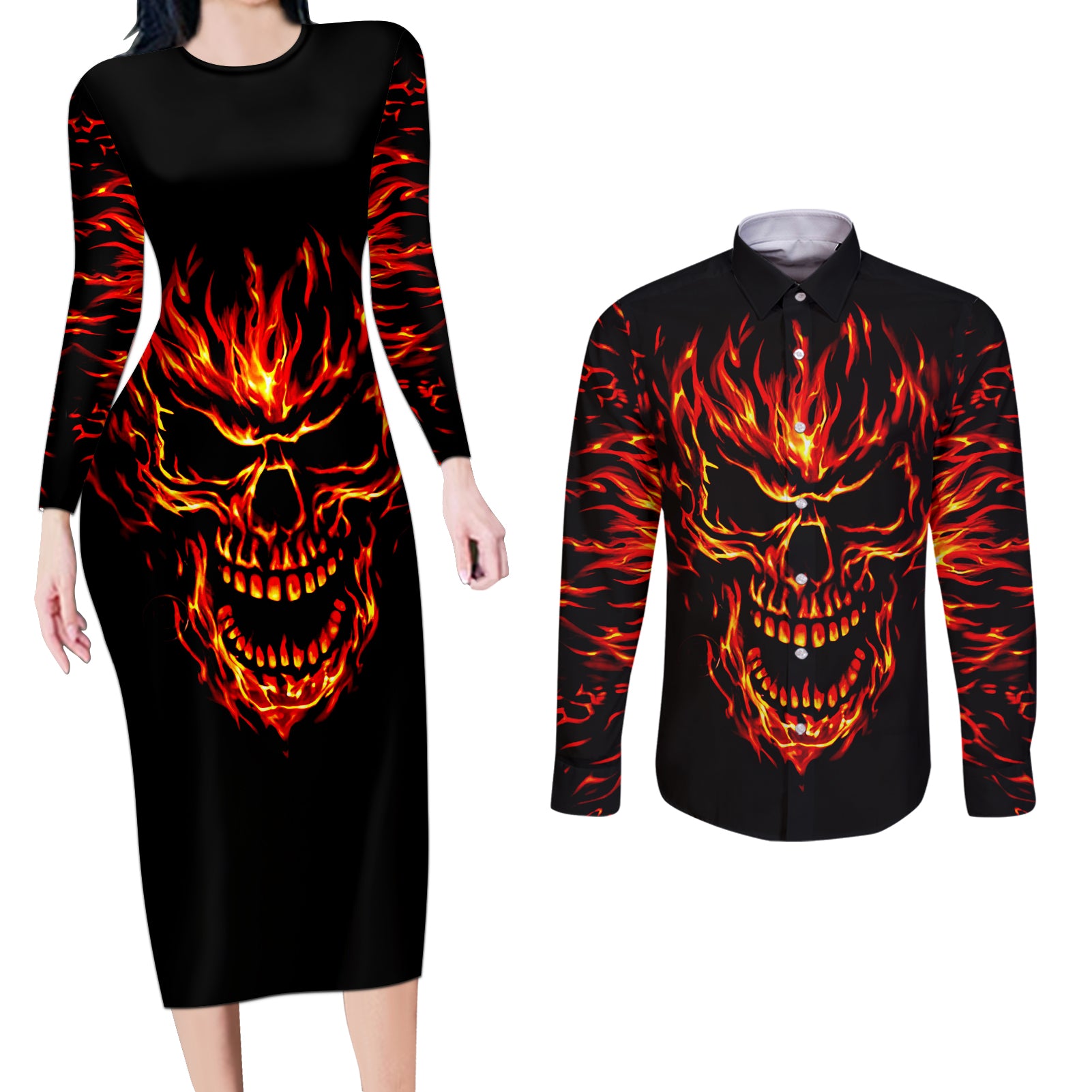 flame-skull-couples-matching-long-sleeve-bodycon-dress-and-long-sleeve-button-shirts-skull-face-inside-me